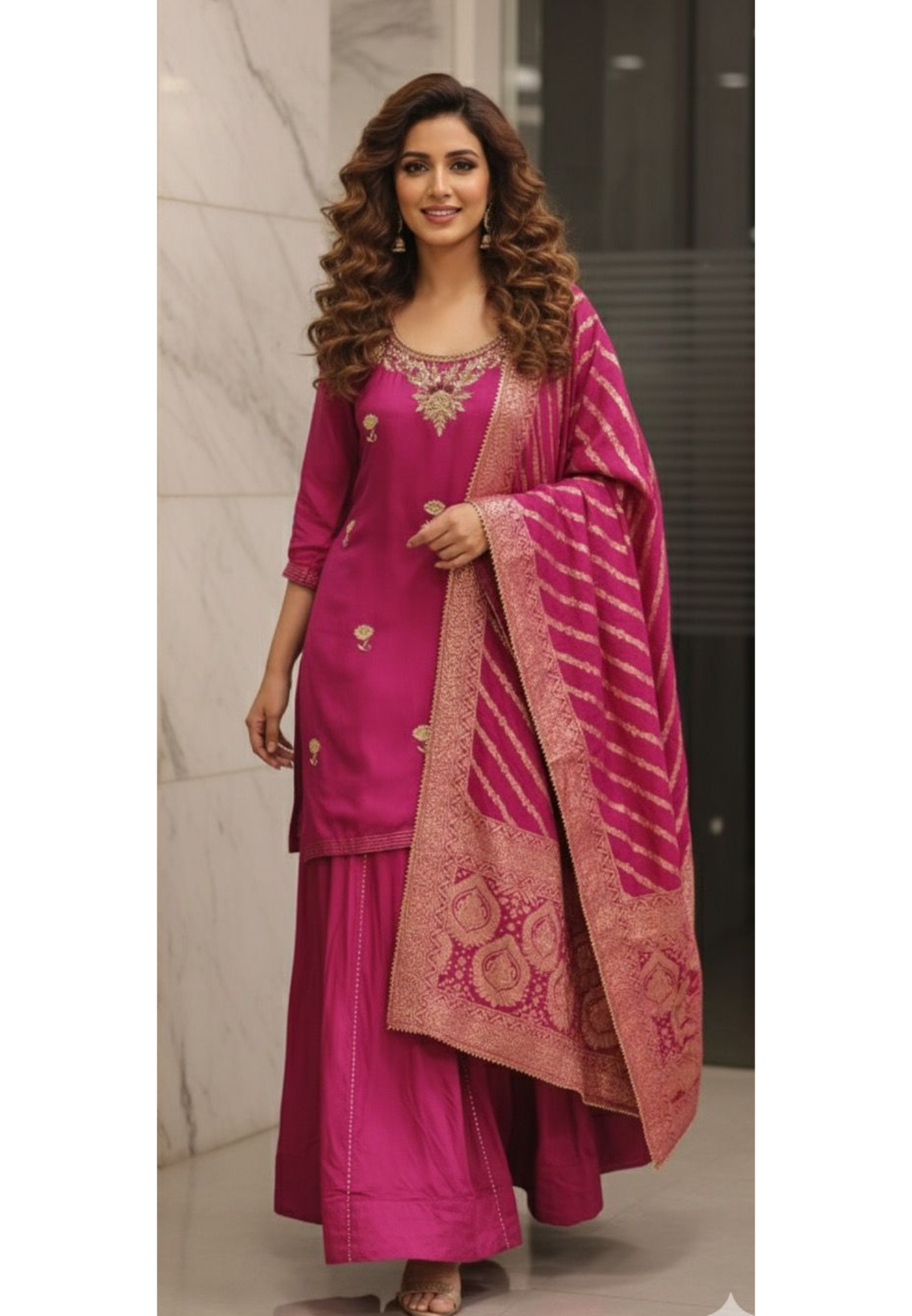 Zardosi U Neck Handwork Full Suit Set With Dupatta & Golden Laced Skirt Bottom In Silk Fabric- 11528, 11527