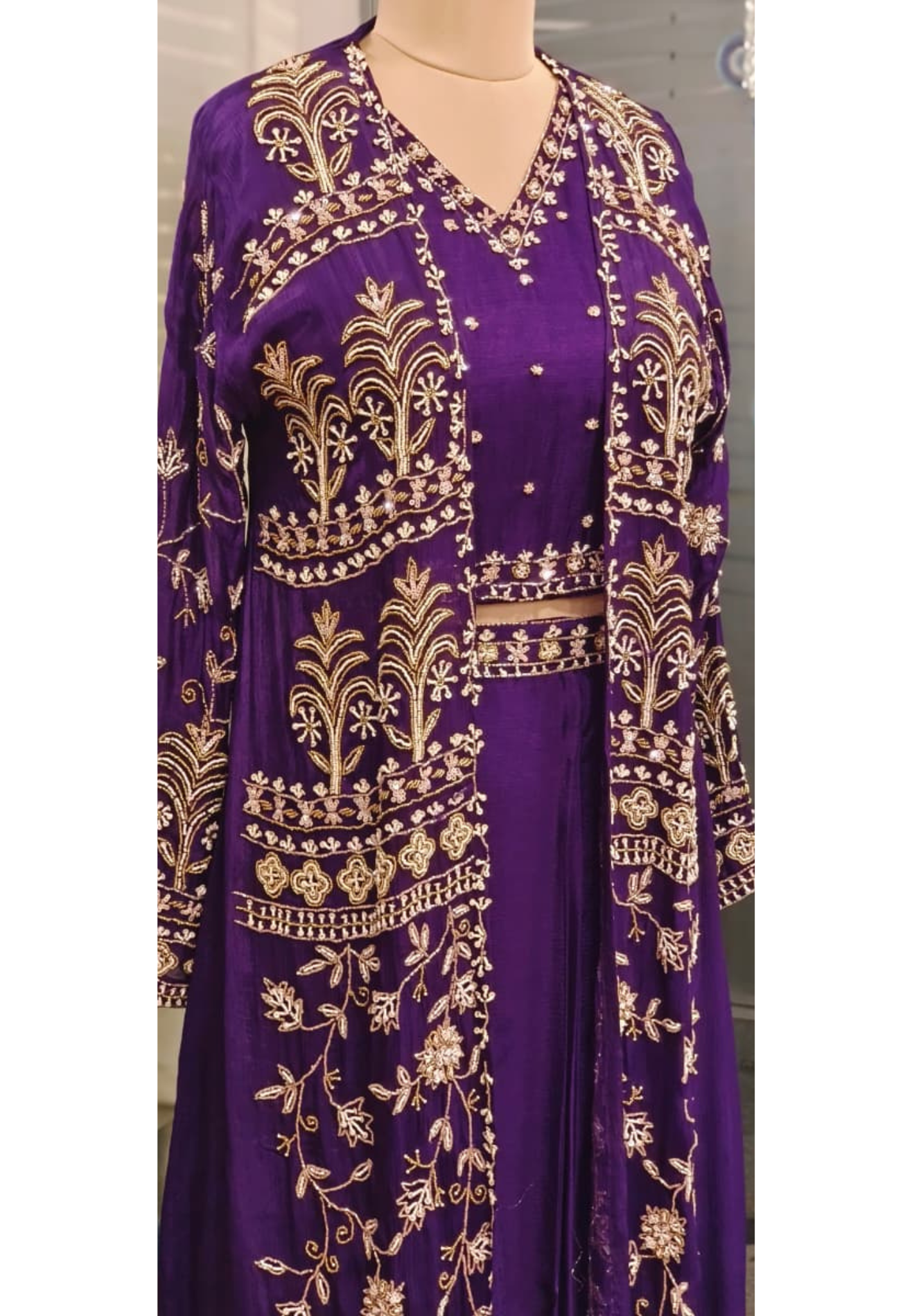 Heavily Tree Shape Handworked Jacket With V-Neck Crop-Top & Drape Skirt In Chinon Fabric