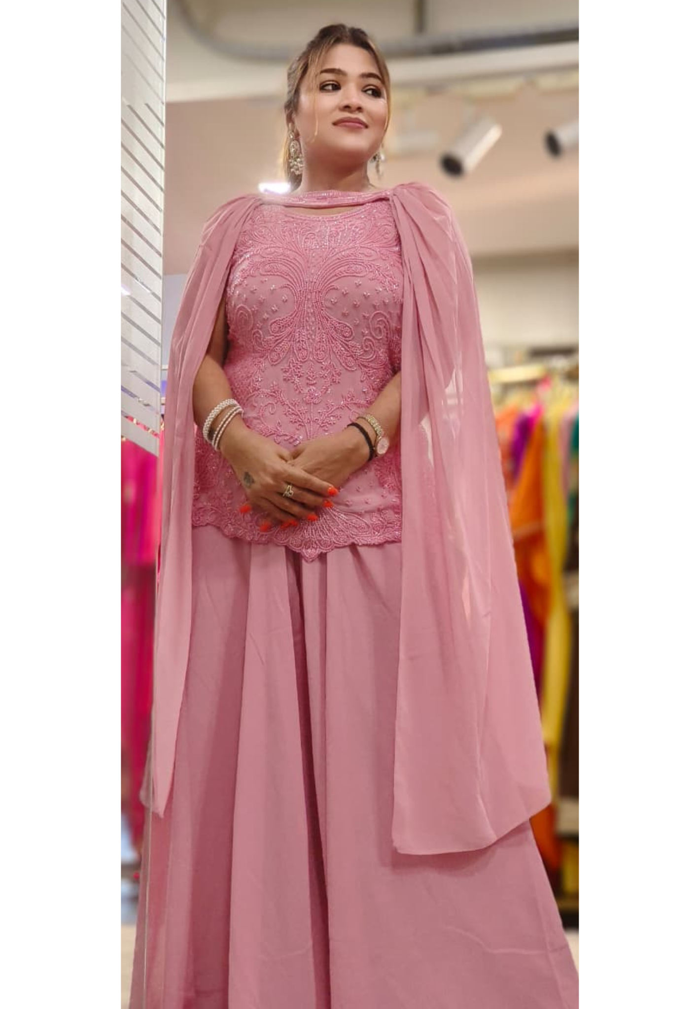 Complete Cut Dana Handwork Sleeveless Short Kurta With Inner, Chowker Dupatta & Very Flared Palazzo Bottom In Premium Georgette Fabric- 11589, 11590, 11591