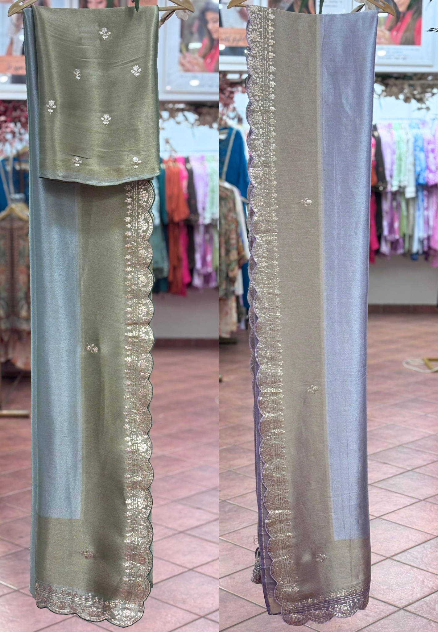 Very Elegant Soft Look Dual Tone Tissue Designer Saree With Unstitched Blouse