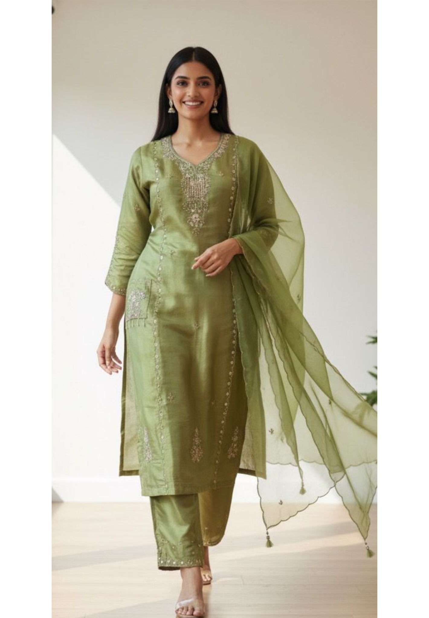Gardenia Elegance Very Elegant Work Full Suit Set With Dupatta In Shimmer Tissue Fabric- 11551