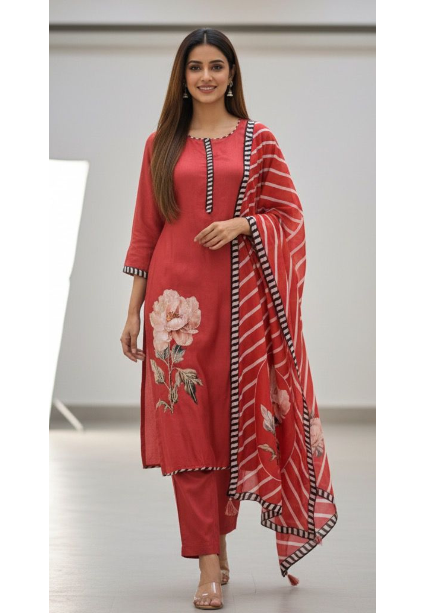 Rustic Charm Digital Floral Print Full Suit Set With Dupatta In Dola Silk Fabric- 11570