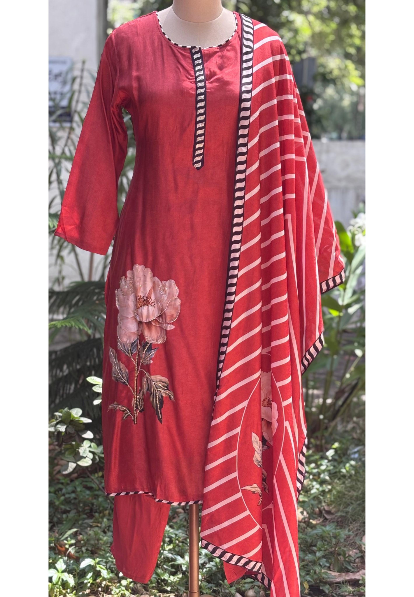 Rustic Charm Digital Floral Print Full Suit Set With Dupatta In Dola Silk Fabric- 11570