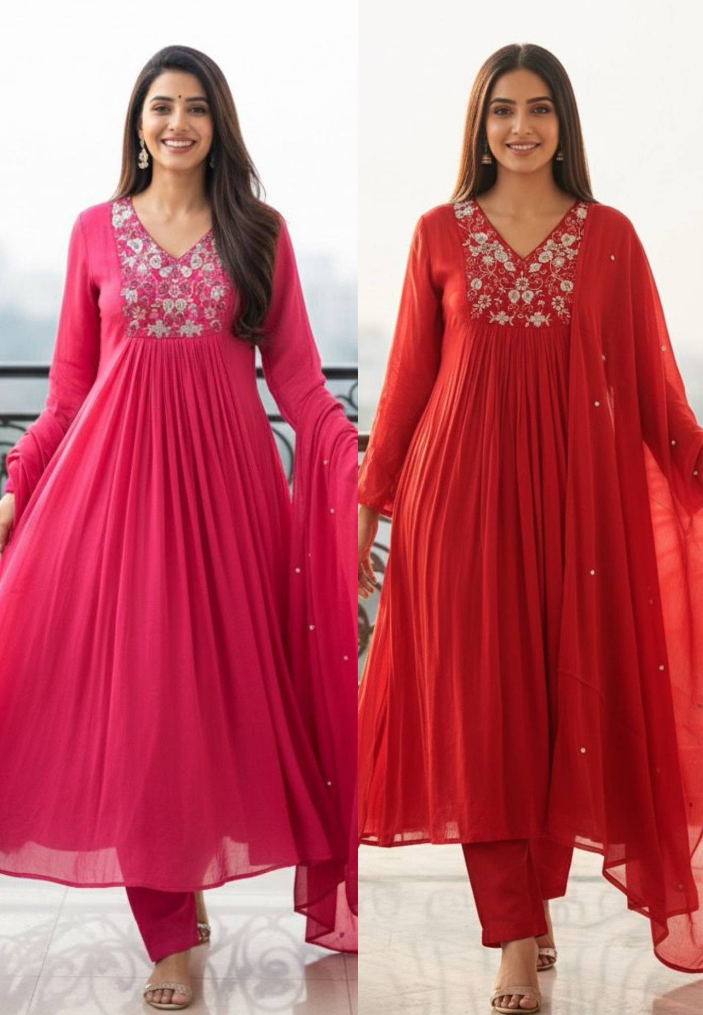 Beads Emlbelished Yoke Solid Flared Anarkali Full Suit Set With Dupatta In Chinon Fabric- 11535