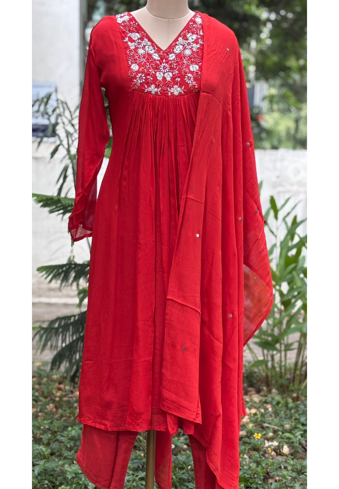 Beads Emlbelished Yoke Solid Flared Anarkali Full Suit Set With Dupatta In Chinon Fabric- 11535