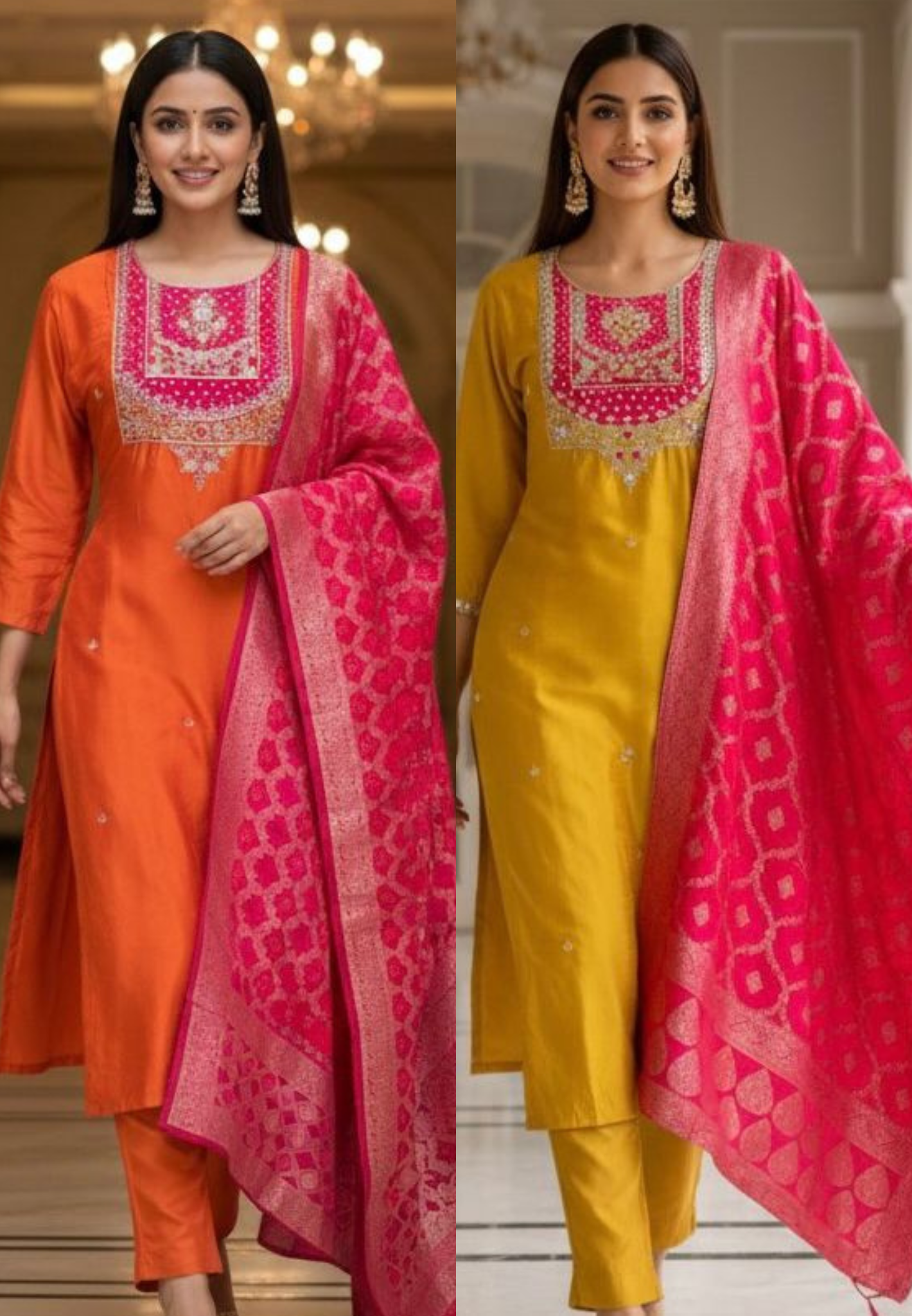 Very Vibrant Handwork Look Beautiful Yoke  Dola Silk Full Suit Set With Dupatta In Slight Banarasi Touch