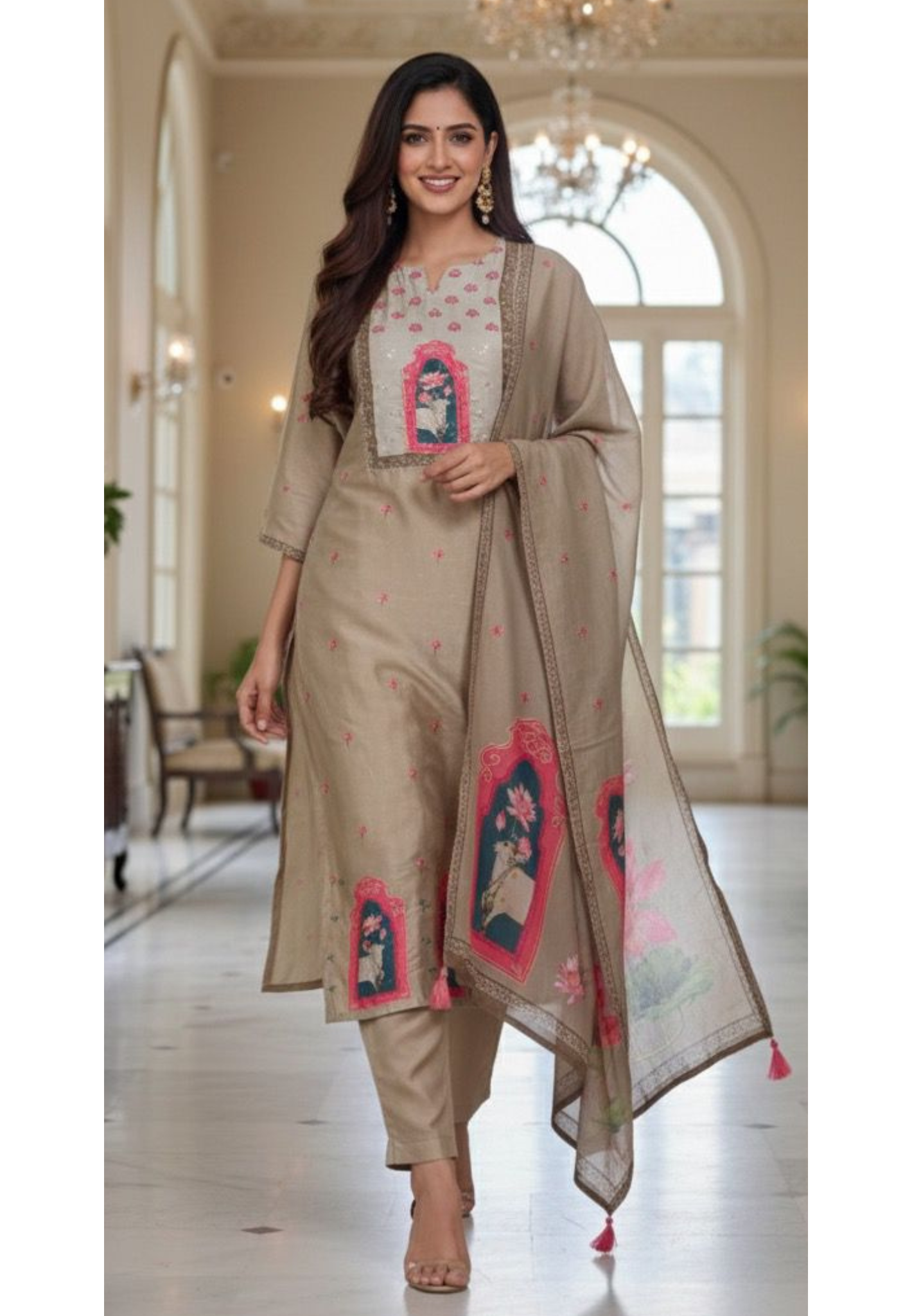 Mini Lotus Gauvastra Printed Full Suit Set With Dupatta In Dola Silk Fabric- 11583