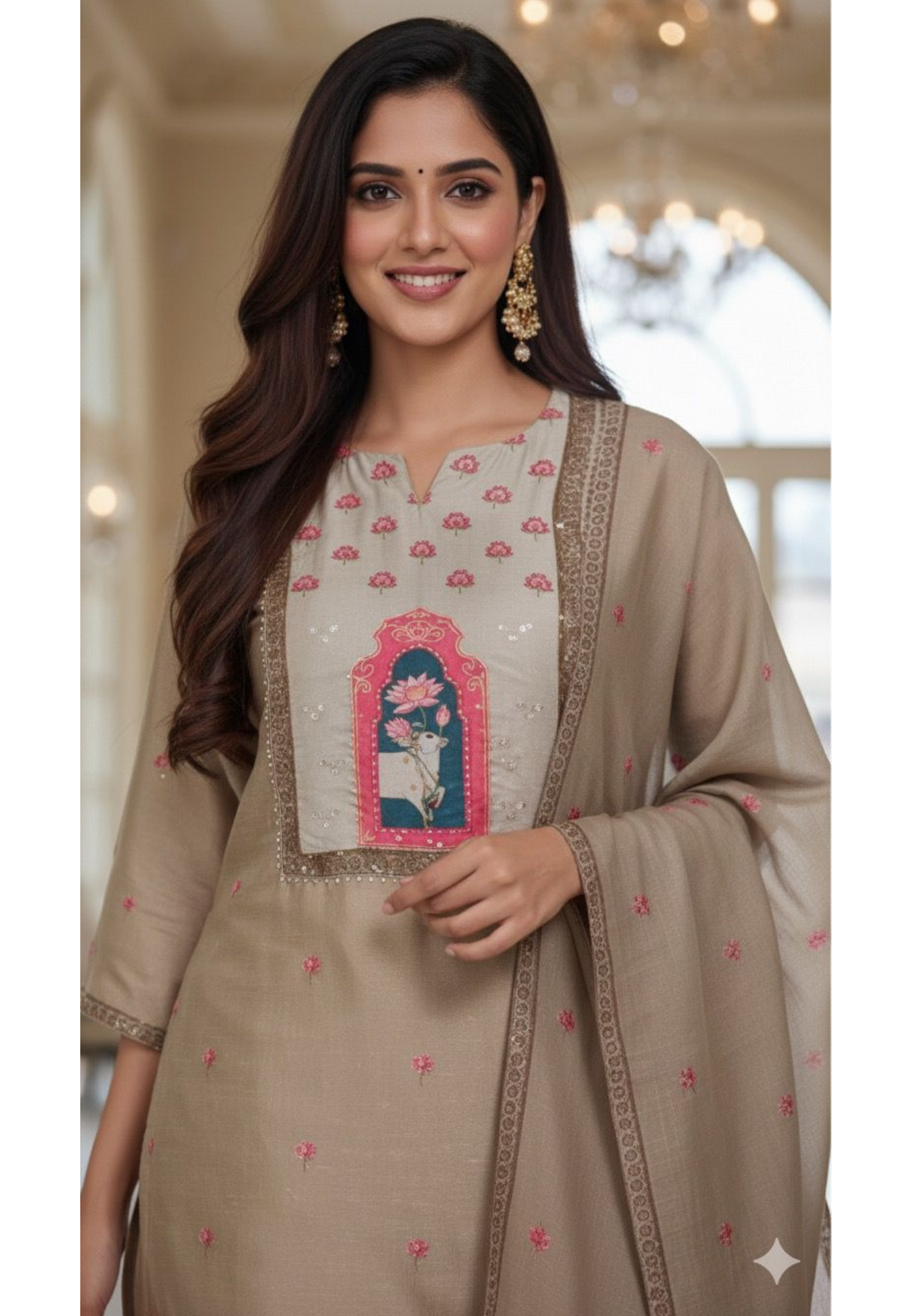 Mini Lotus Gauvastra Printed Full Suit Set With Dupatta In Dola Silk Fabric- 11583