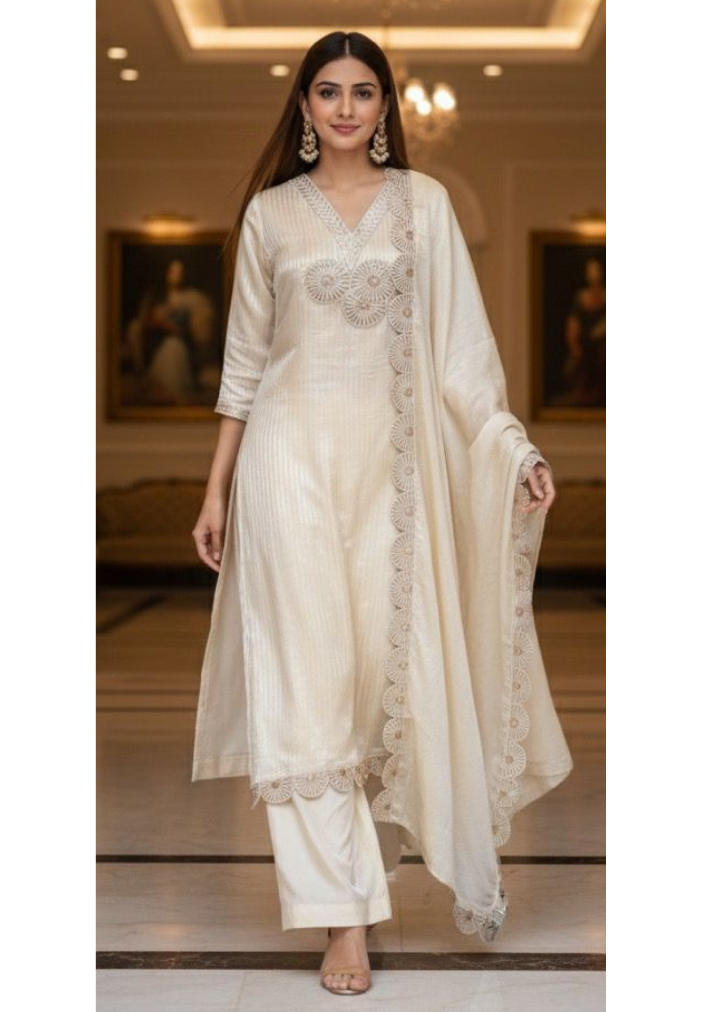 Golden Lace Popped Petal Royal Radiance Full Suit Set With Dupatta In Tissue Fabric- 11636