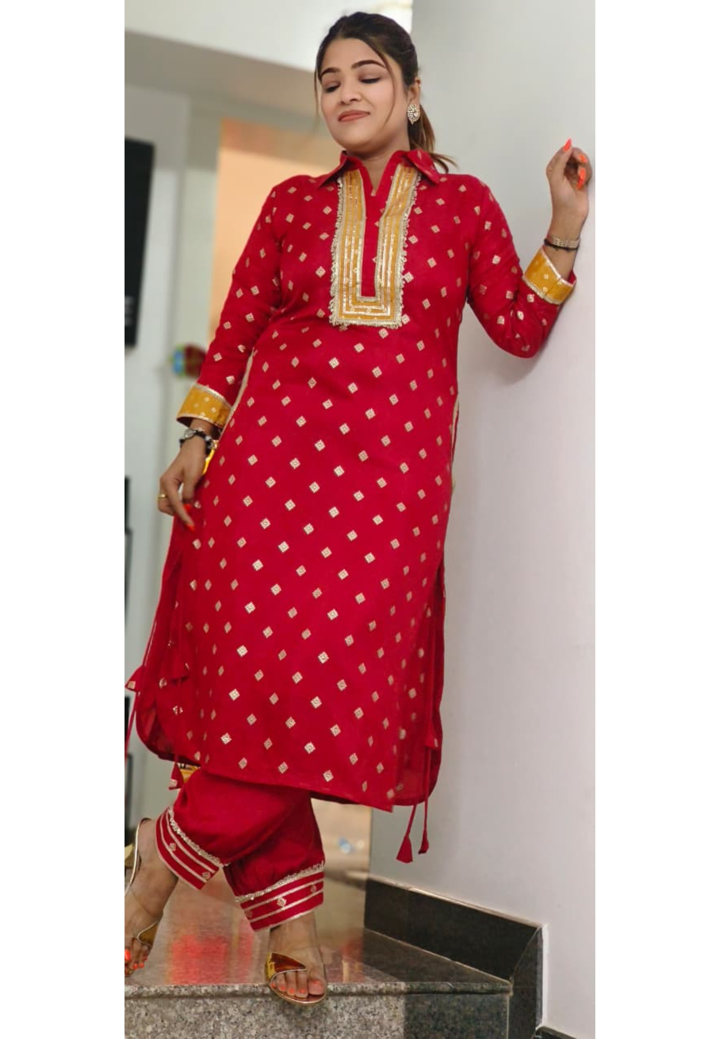 Banarasi Touch Unique Outlined Collared Kurta With Pathani Bottom