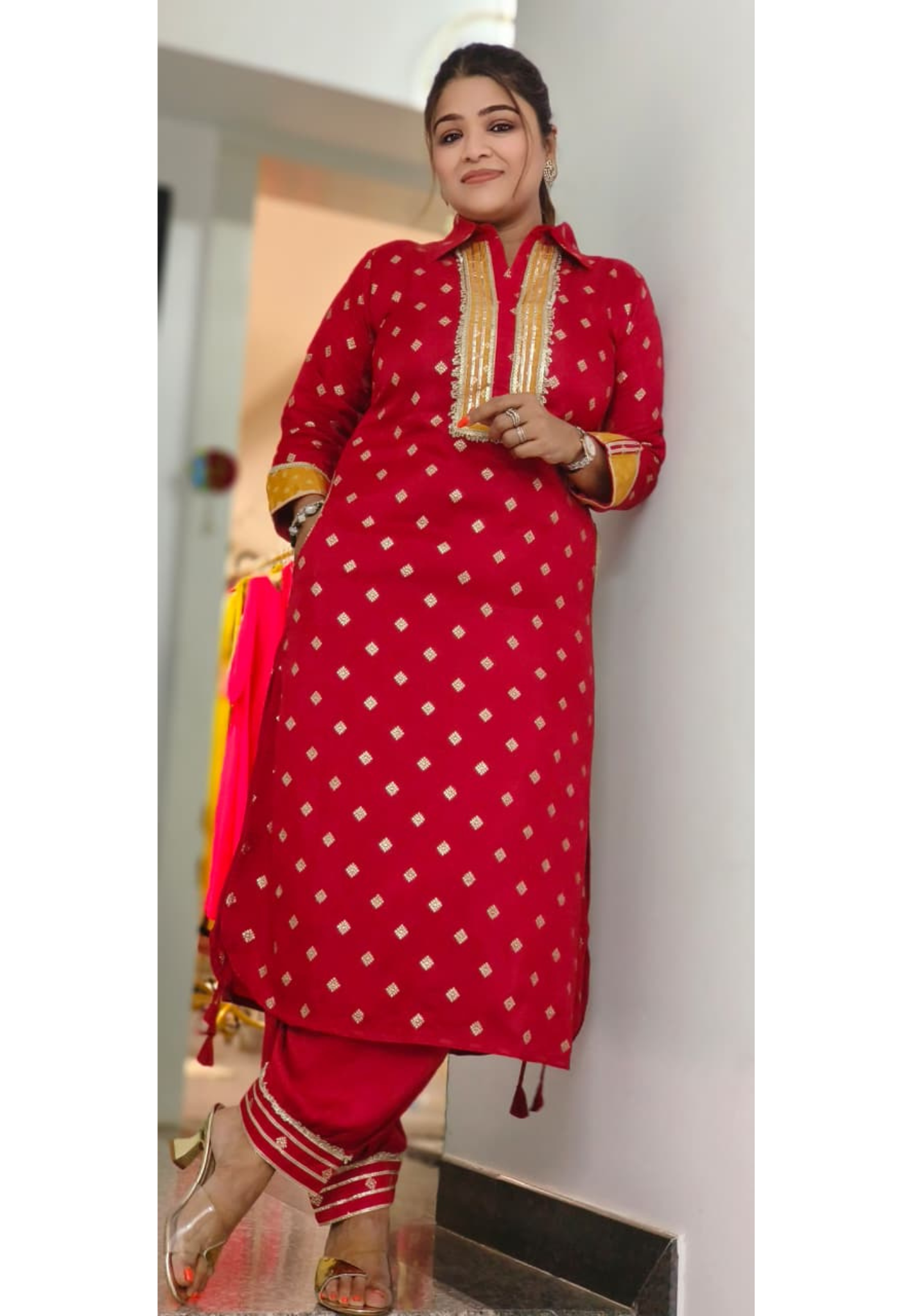 Banarasi Touch Unique Outlined Collared Kurta With Pathani Bottom