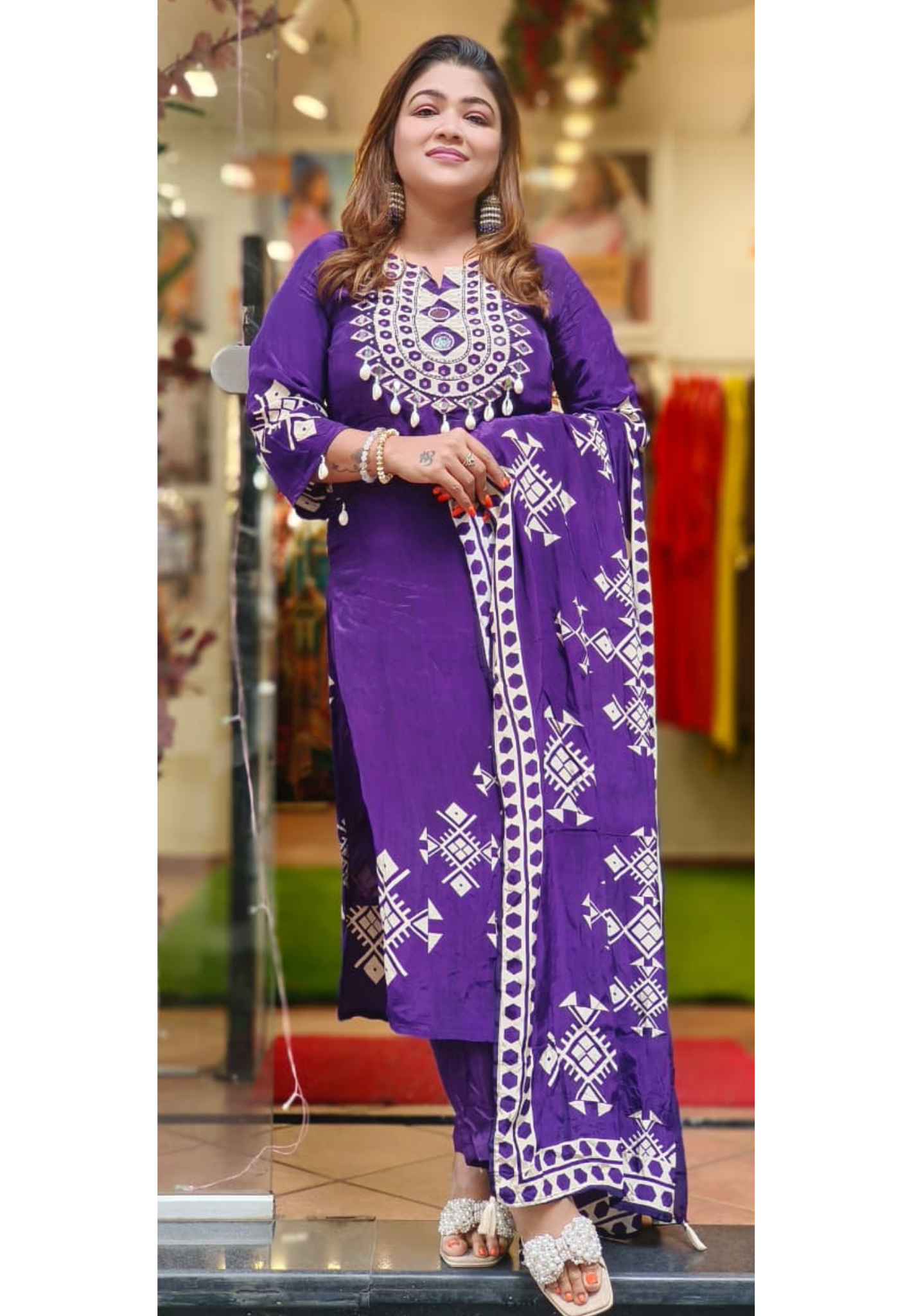 Real Mirror Shell Tassel Printed Full Suit Set With Dupatta In Pure Crepe Fabric- 11547