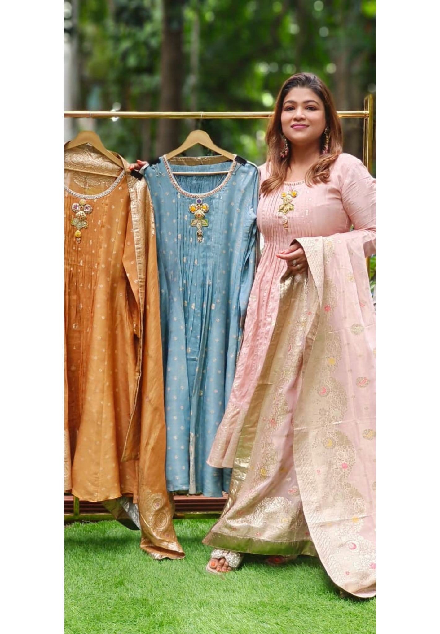 Very Unique Neck Piece Look Panel Anarkali Full Suit Set With Dupatta With Banarasi Touch In Tissue Fabric- 11540, 11541, 11452