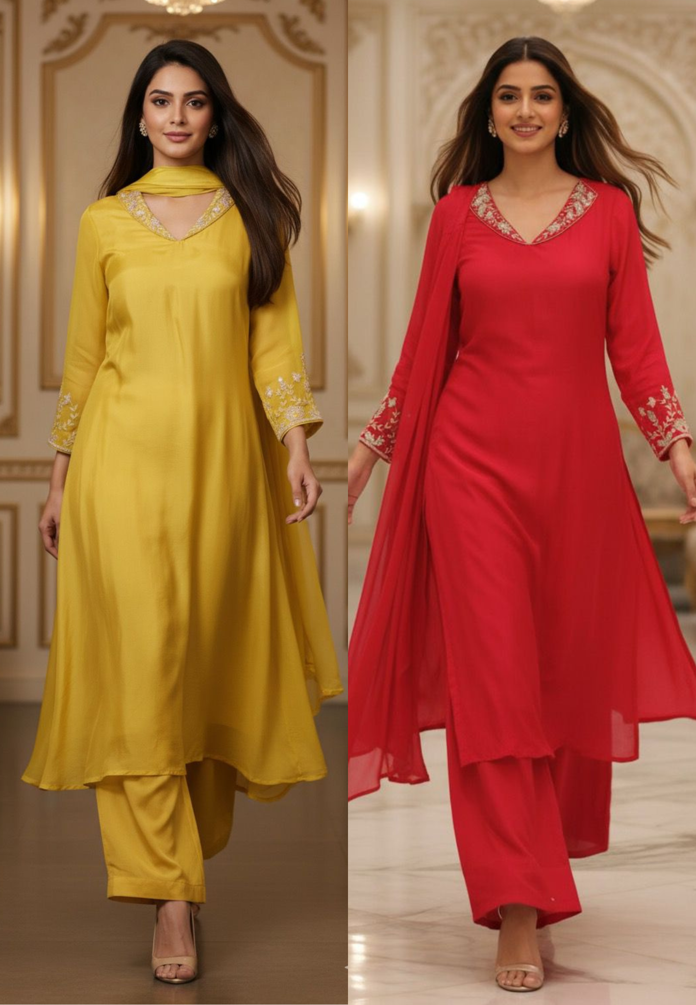 Very Minimal Hand Work Collared Look Solid A-Line Full Suit Set With Dupatta In Crepe Fabric- 11519, 11520