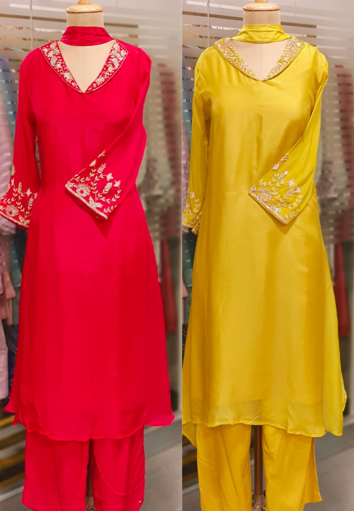 Very Minimal Hand Work Collared Look Solid A-Line Full Suit Set With Dupatta In Crepe Fabric- 11519, 11520