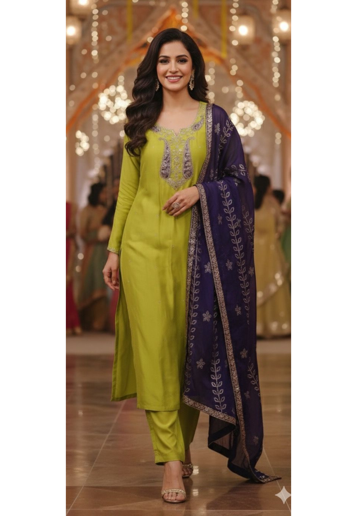 Zardosi Fronk Neck Line Solid Straight Full Suit Set With Printed Dupatta In Dola Silk Fabric- 11668