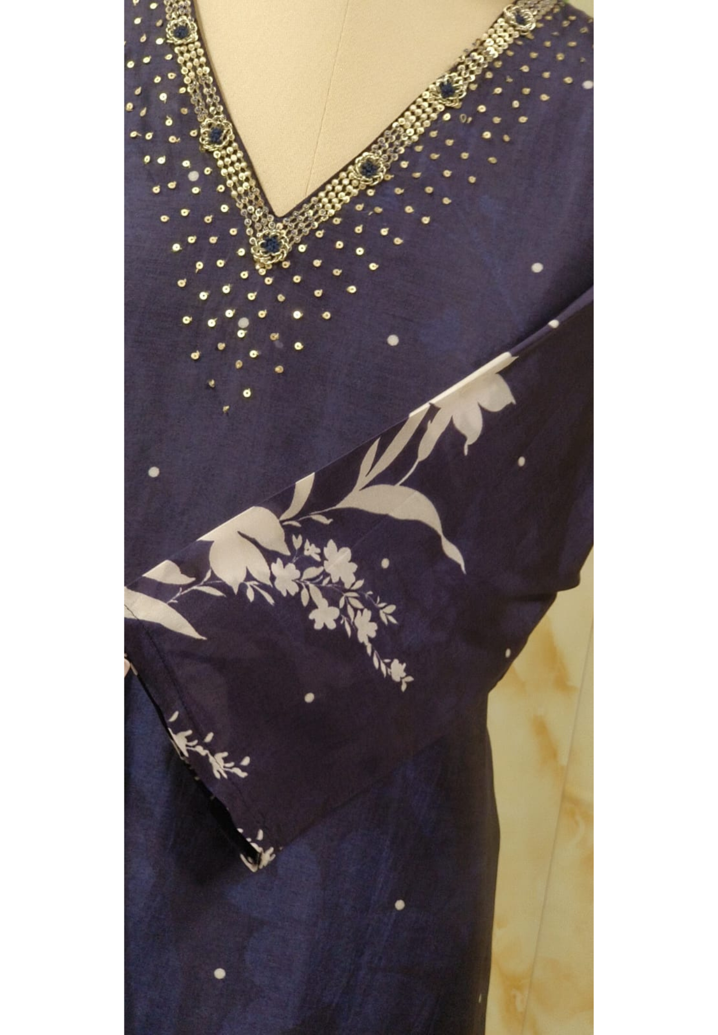 Dotted Tiny Foil Minimal Floral Printed Full Suit Set With Dupatta In Dola Silk Fabric- 11667