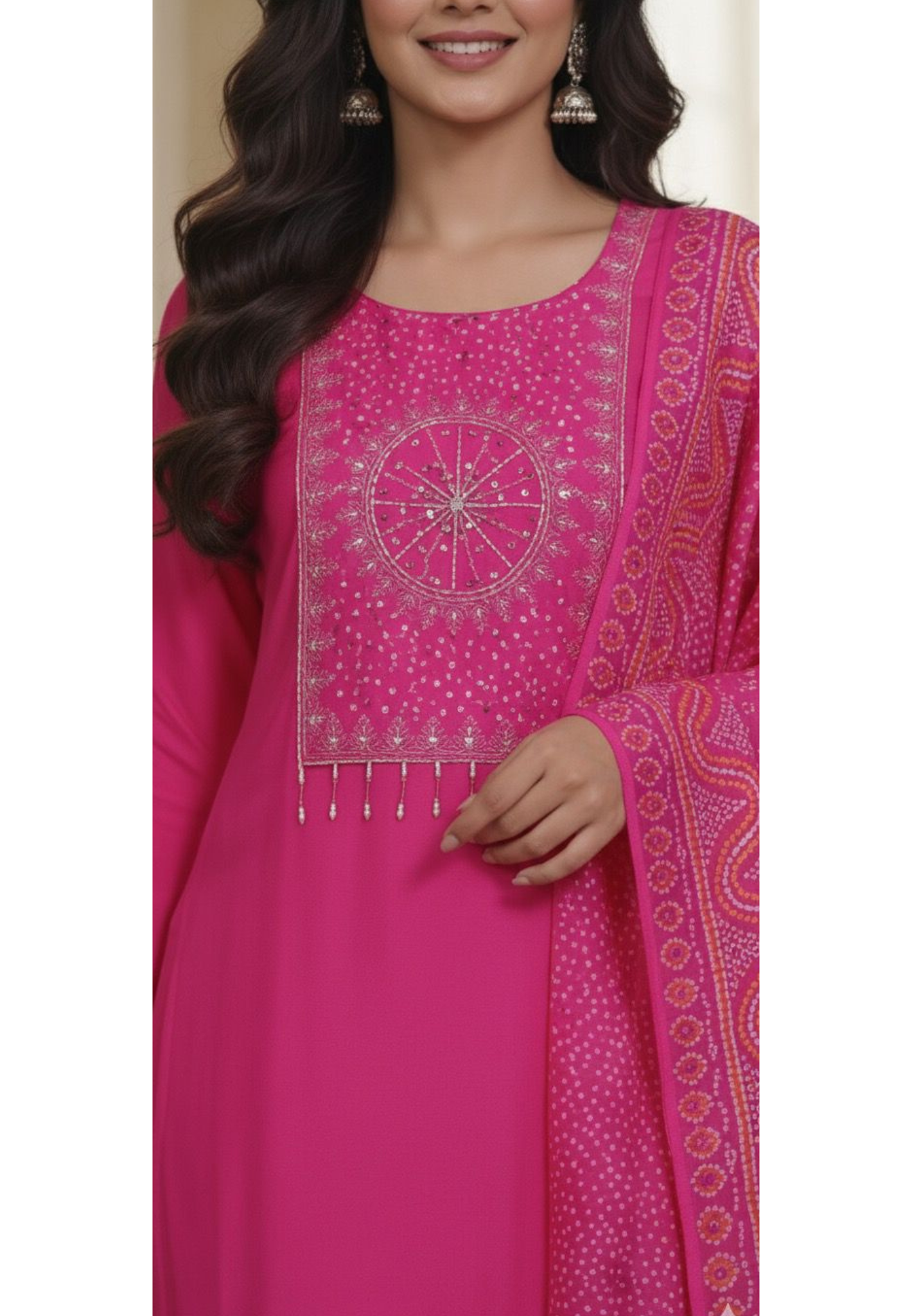 Round Shaped Bandhej Dotted Work Tasseled Full Suit Set With Dupatta In Russian Silk Fabric- 11186