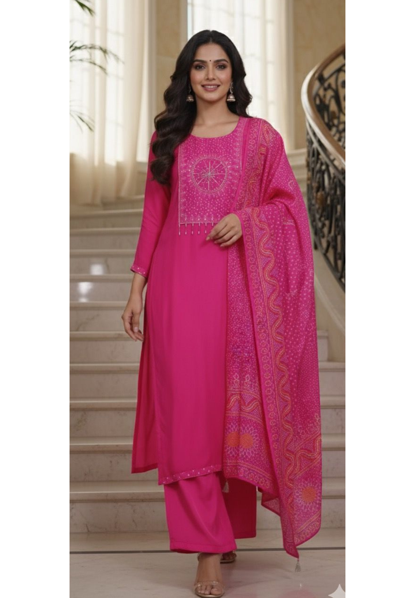Round Shaped Bandhej Dotted Work Tasseled Full Suit Set With Dupatta In Russian Silk Fabric- 11186
