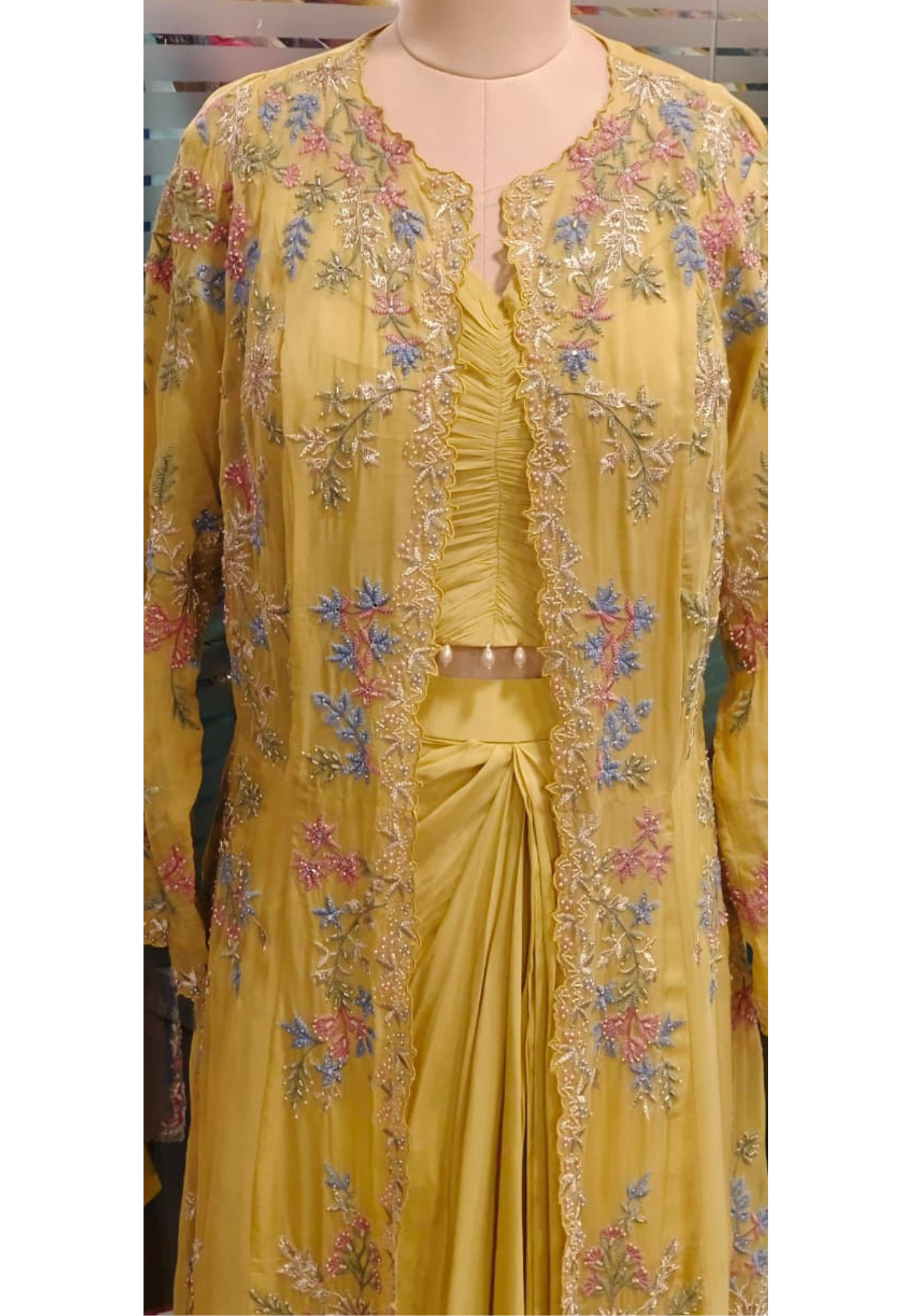 Elegant Floral Thread Embroidered Transparent Cape With Stylish Buster & Drape Skirt- 11735