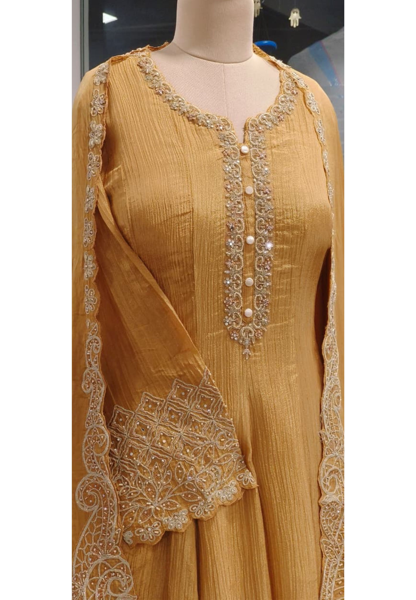 Very Elegant Handwork Neck Line & Bordered With Round Pearl Tassel Shimmery Anarkali Full Suit Set With Heavy Dupatta & Loose Bottom- 11745