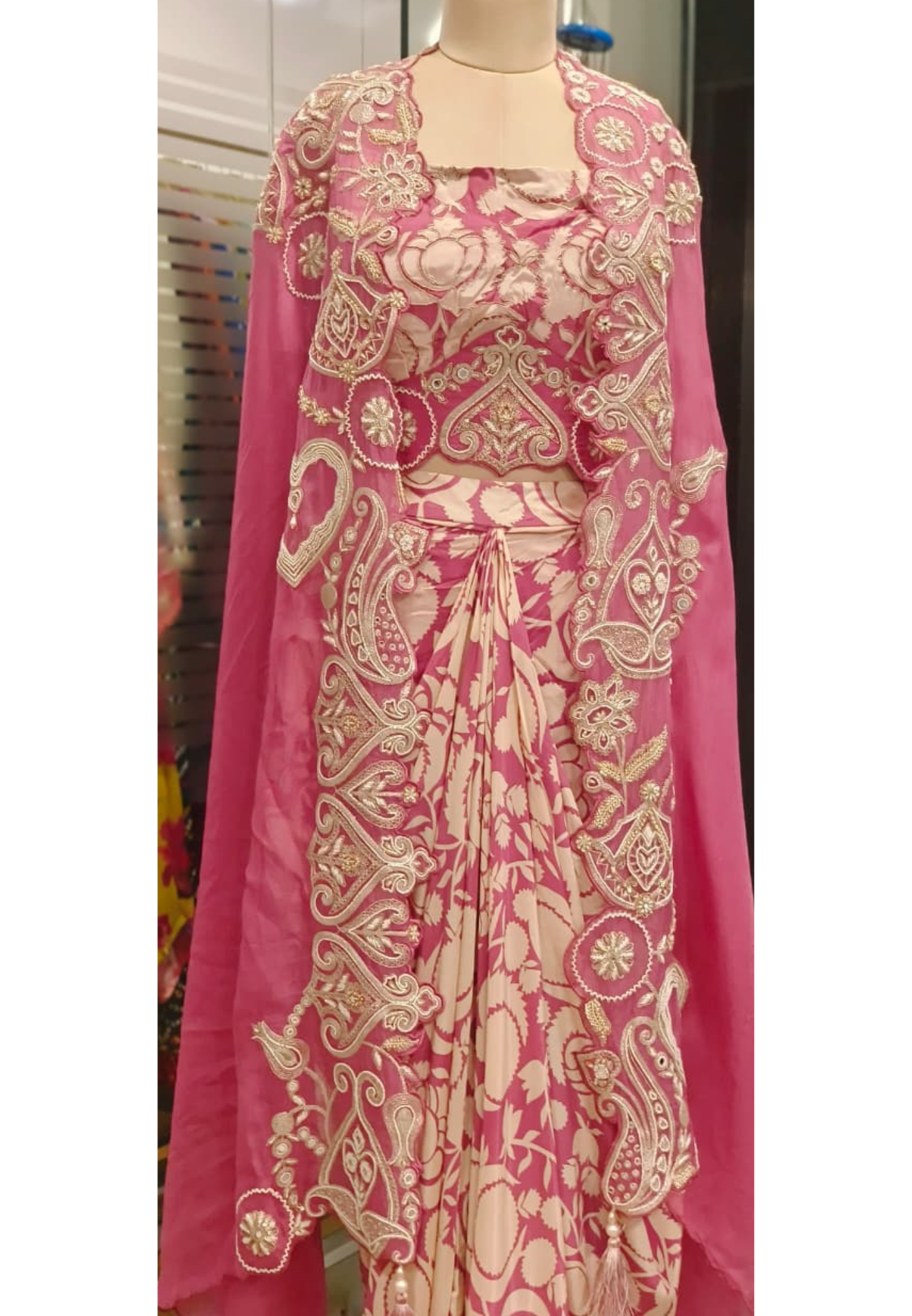 Regal Zari Embroidered Crop Top With Drape Skirt & Cut Work Shrug In Crepe Fabric- 11733, 11734