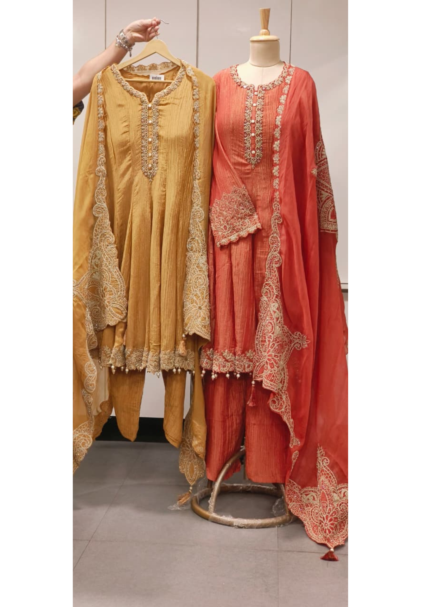 Very Elegant Handwork Neck Line & Bordered With Round Pearl Tassel Shimmery Anarkali Full Suit Set With Heavy Dupatta & Loose Bottom- 11745