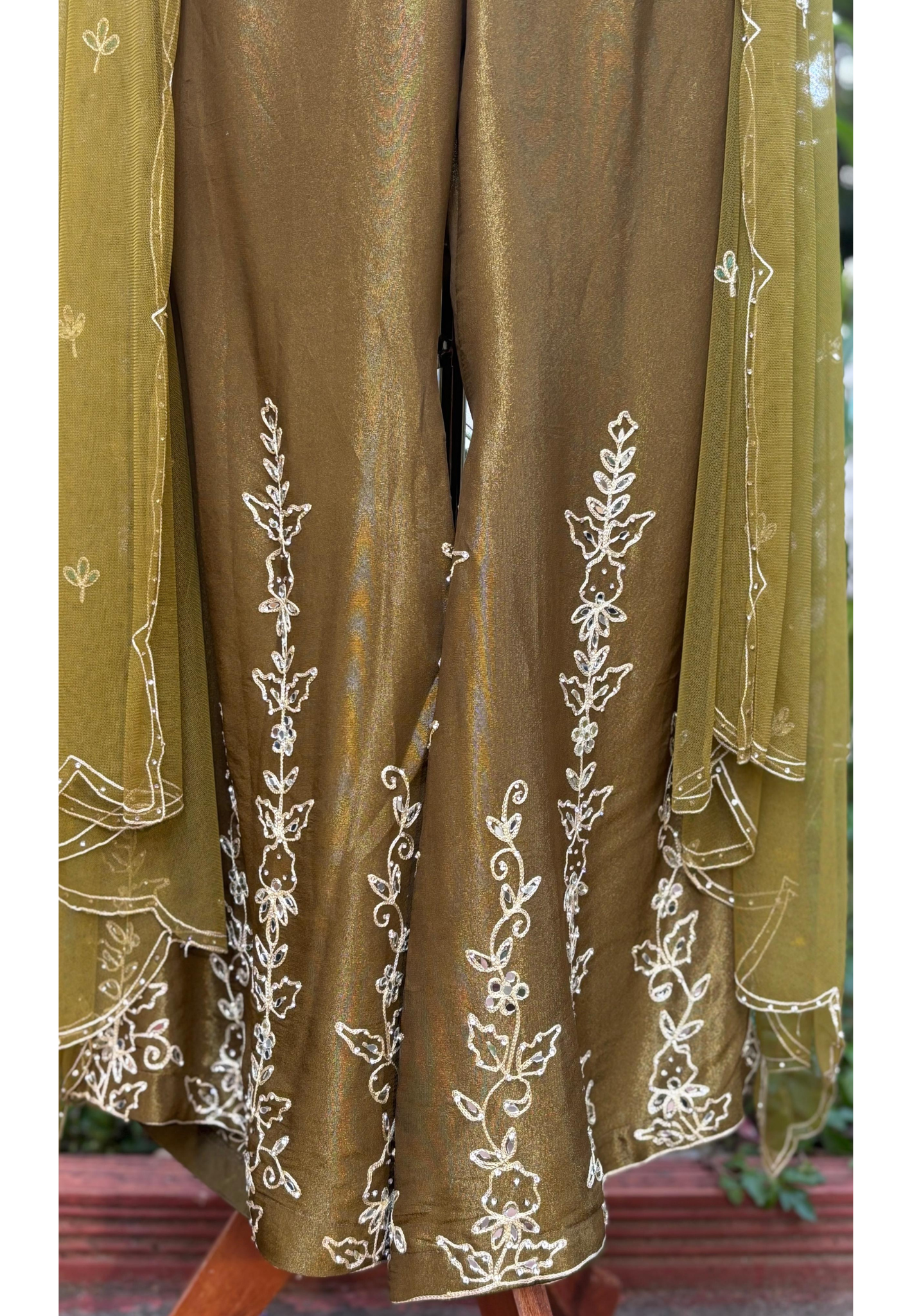 Real Mirror Thread Ensemble Cut Work Blouse With Minimal Embroidered Loose Palazzo Bottom & Netted Dupatta In Tissue Fabric- 11476