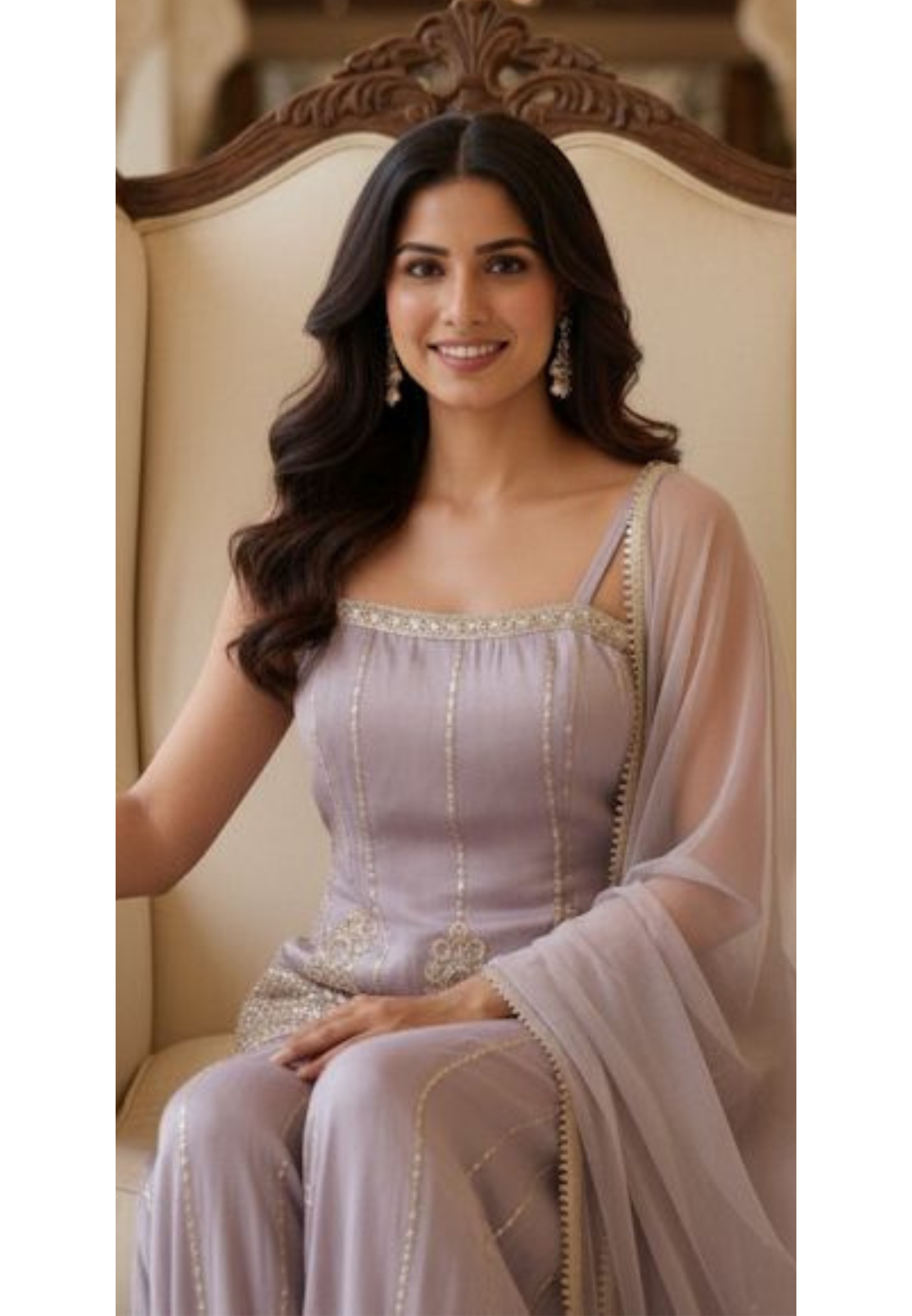 Zardosi Charm Tiny Foil Handwork Sleeveless Short Kurta With Loose Palazzo Bottom In Tissue Fabric & Netted Dupatta-