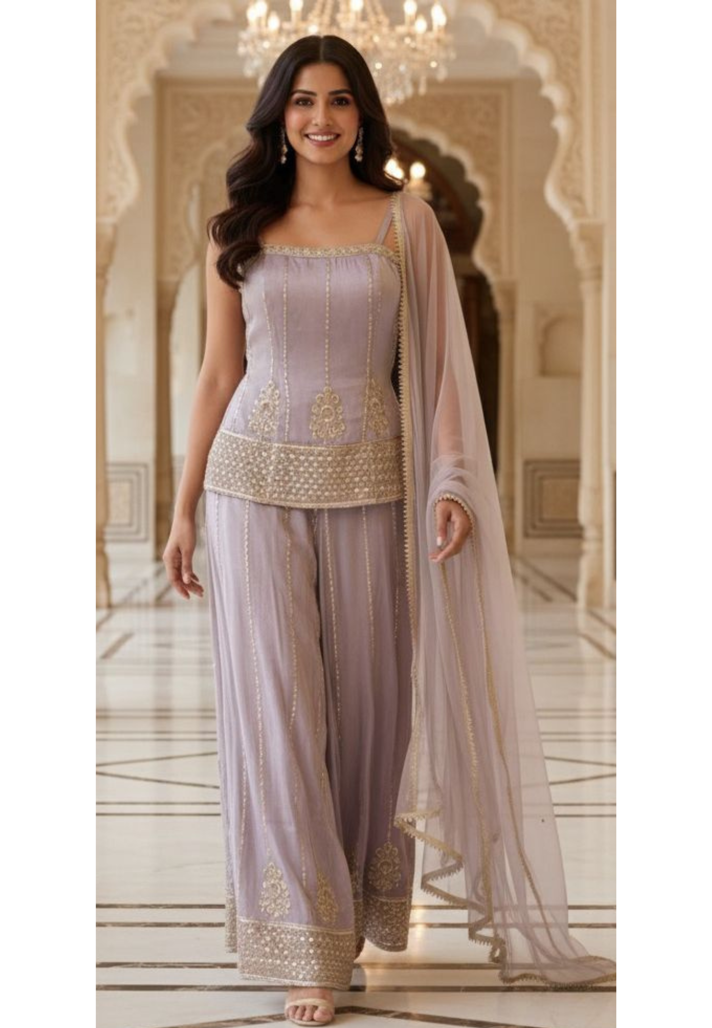 Zardosi Charm Tiny Foil Handwork Sleeveless Short Kurta With Loose Palazzo Bottom In Tissue Fabric & Netted Dupatta-