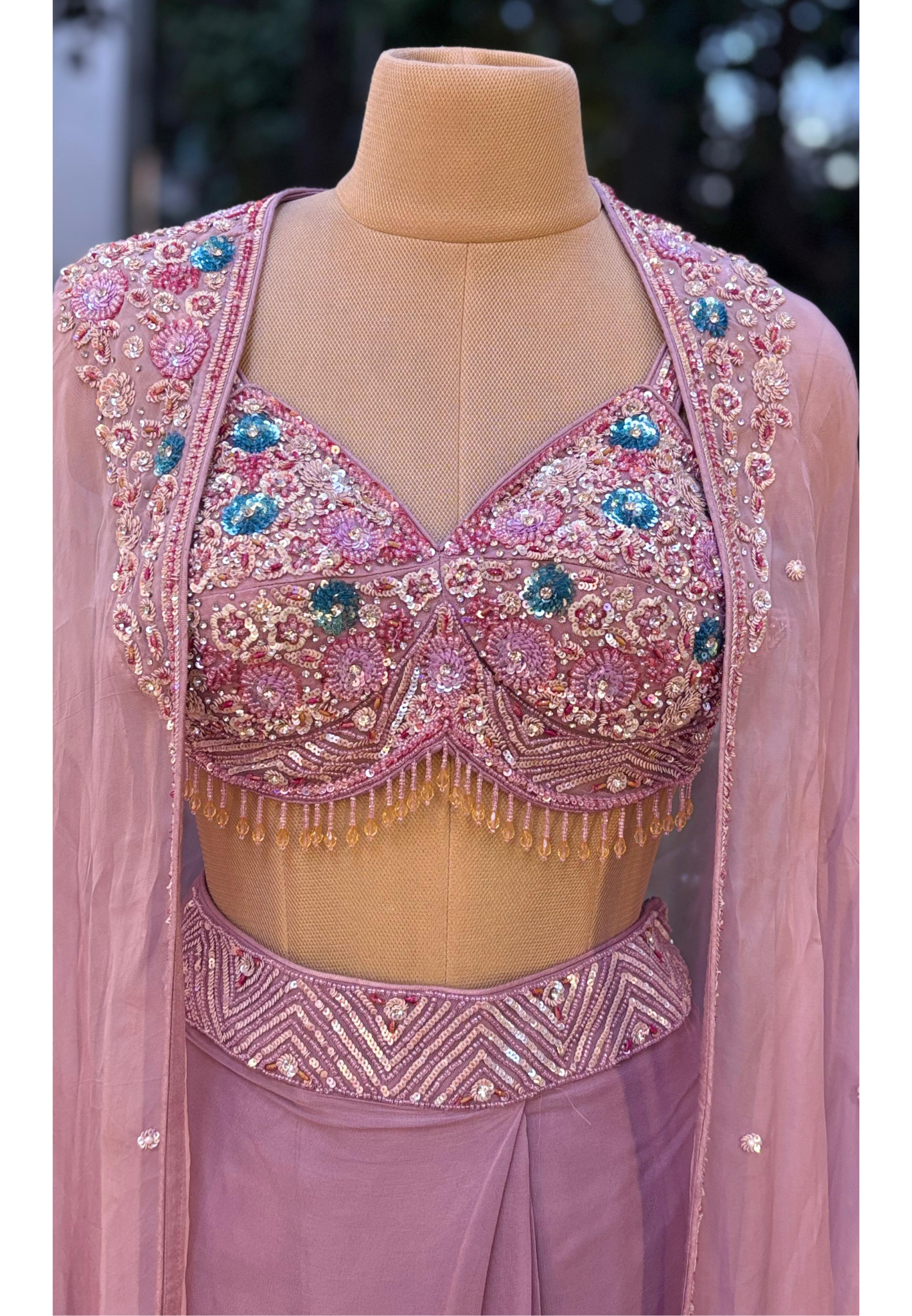 Tiny Pearls With Foil & Crystal Tassel Crop Top & Drape Skirt With Shrug Style Cape- 11505