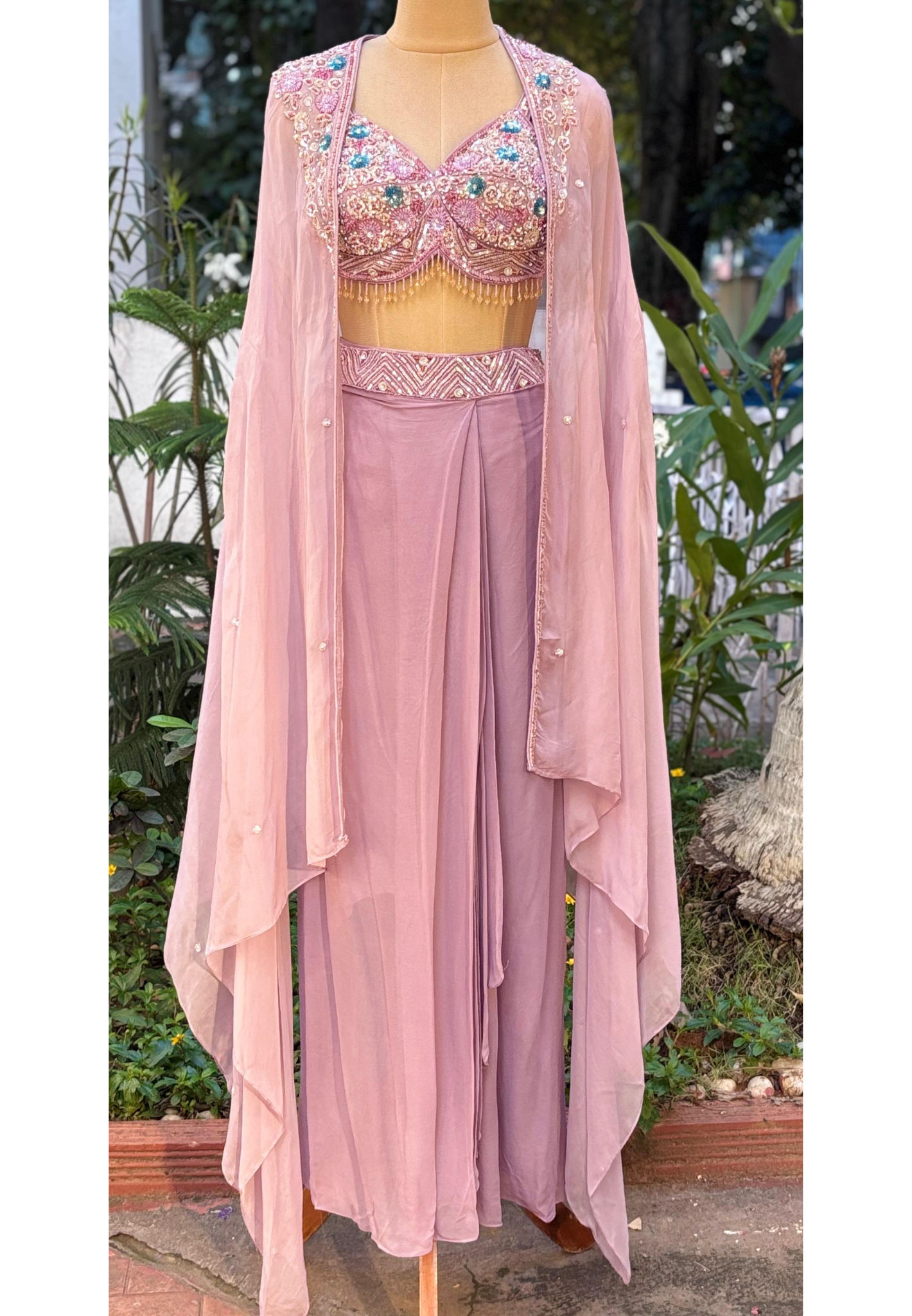 Tiny Pearls With Foil & Crystal Tassel Crop Top & Drape Skirt With Shrug Style Cape- 11505