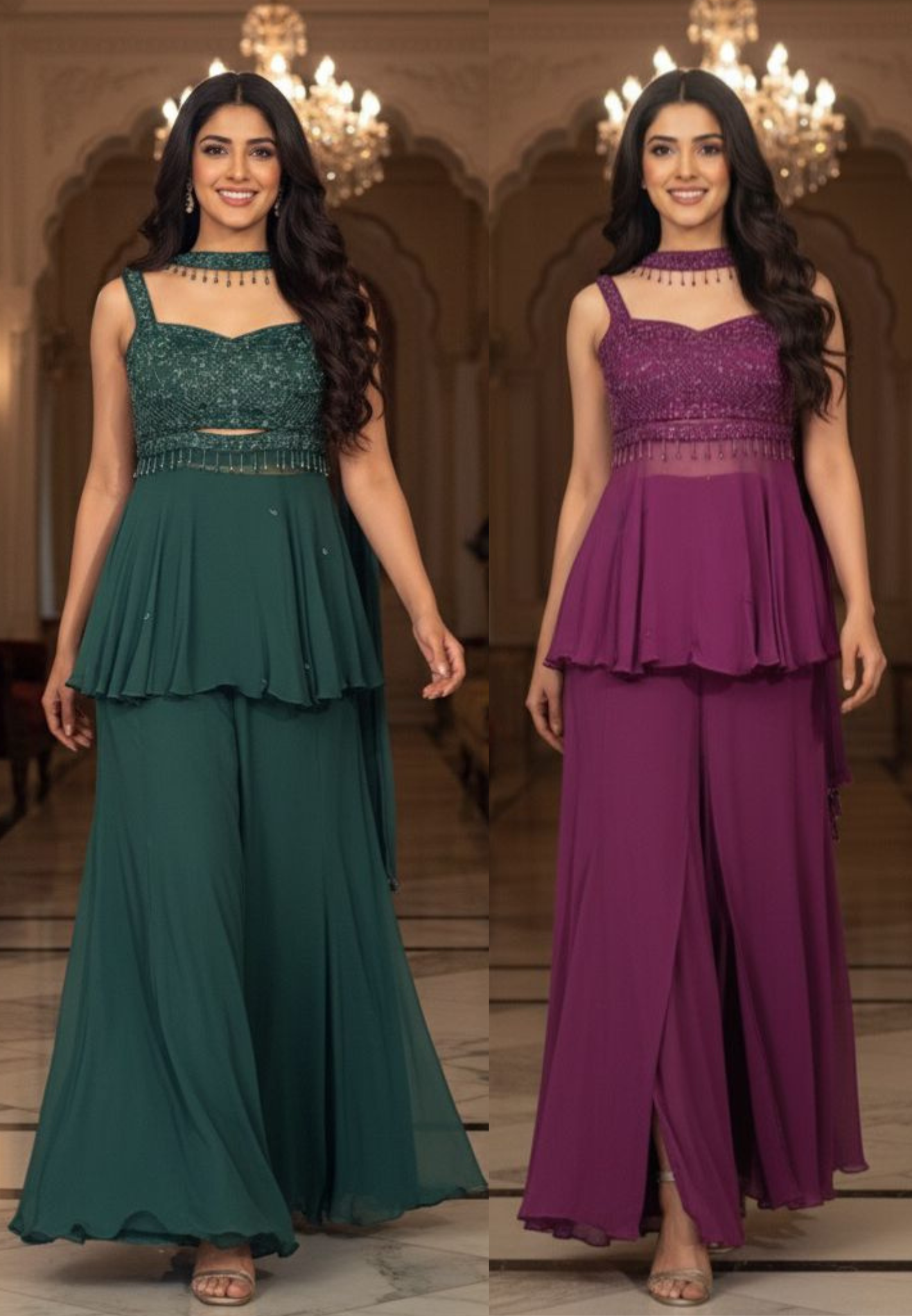 Cut Dana With Crystal Tassel Unique Short Length Round Kurta With Loose Palazzo Bottom & Chowker Dupatta- 11490