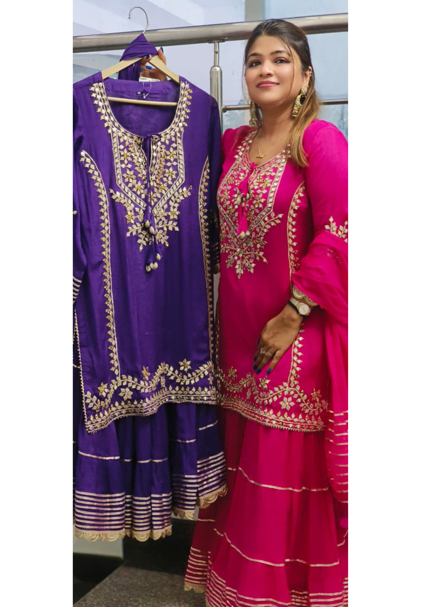 Real Mirror With Thread Embellished Short Length Kurta With Bordered Skirt Bottom In Chinon Fabric-  11956, 11957