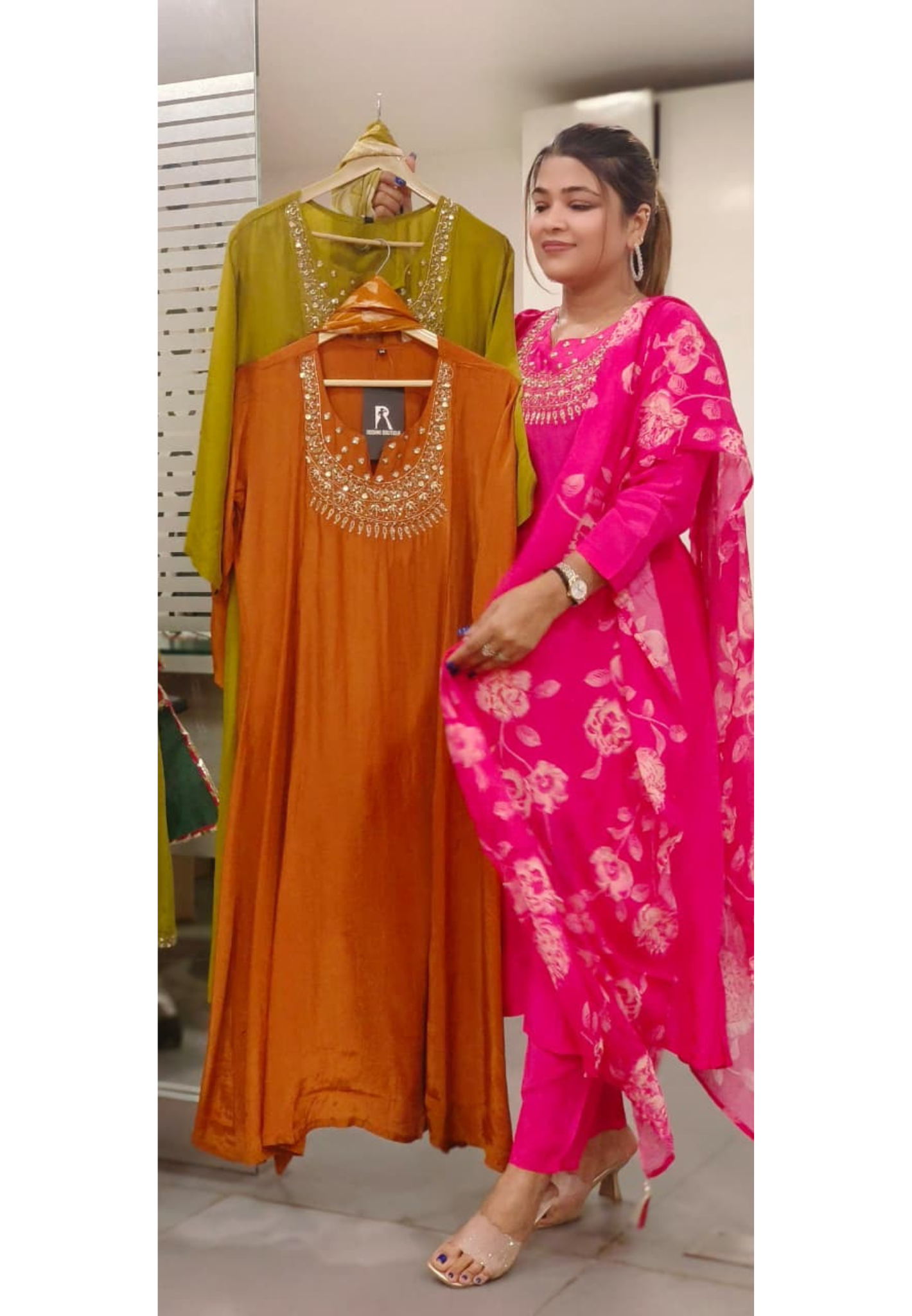 Beautiful Yoke Solid A-Line Full Suit Set With Floral Dupatta In Crepe Fabric- 11807