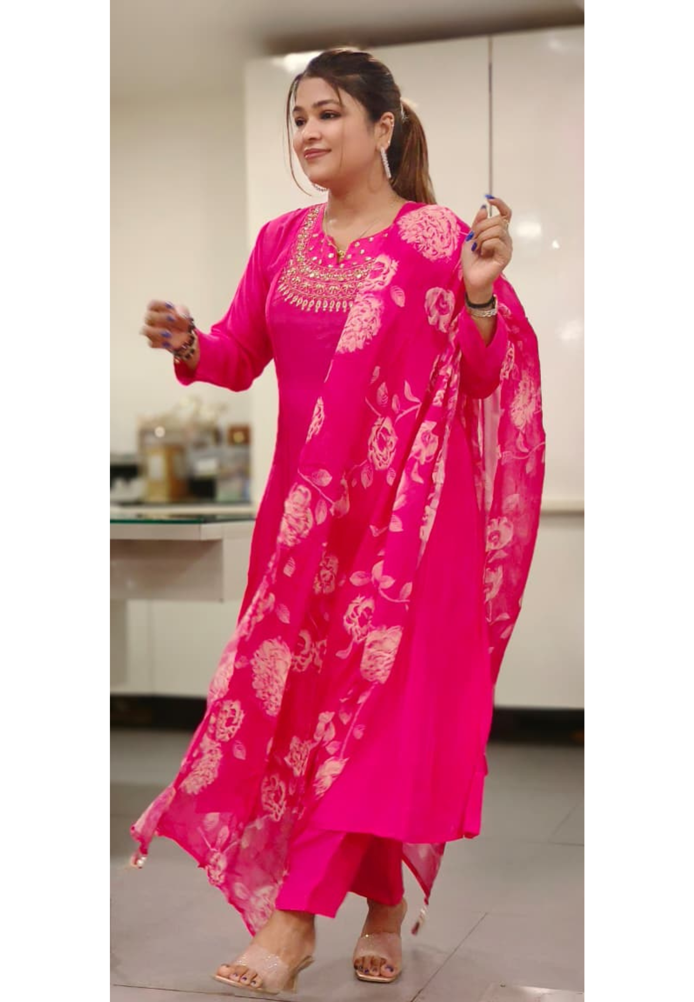 Beautiful Yoke Solid A-Line Full Suit Set With Floral Dupatta In Crepe Fabric- 11807
