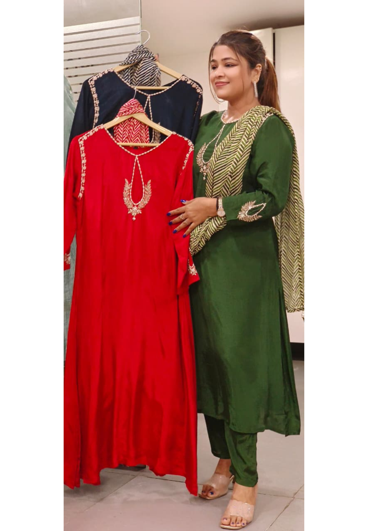 Beautiful Patterned Zardosi Work A-Line Full Suit Set With Leheriya Dupatta In Crepe Fabric- 11811