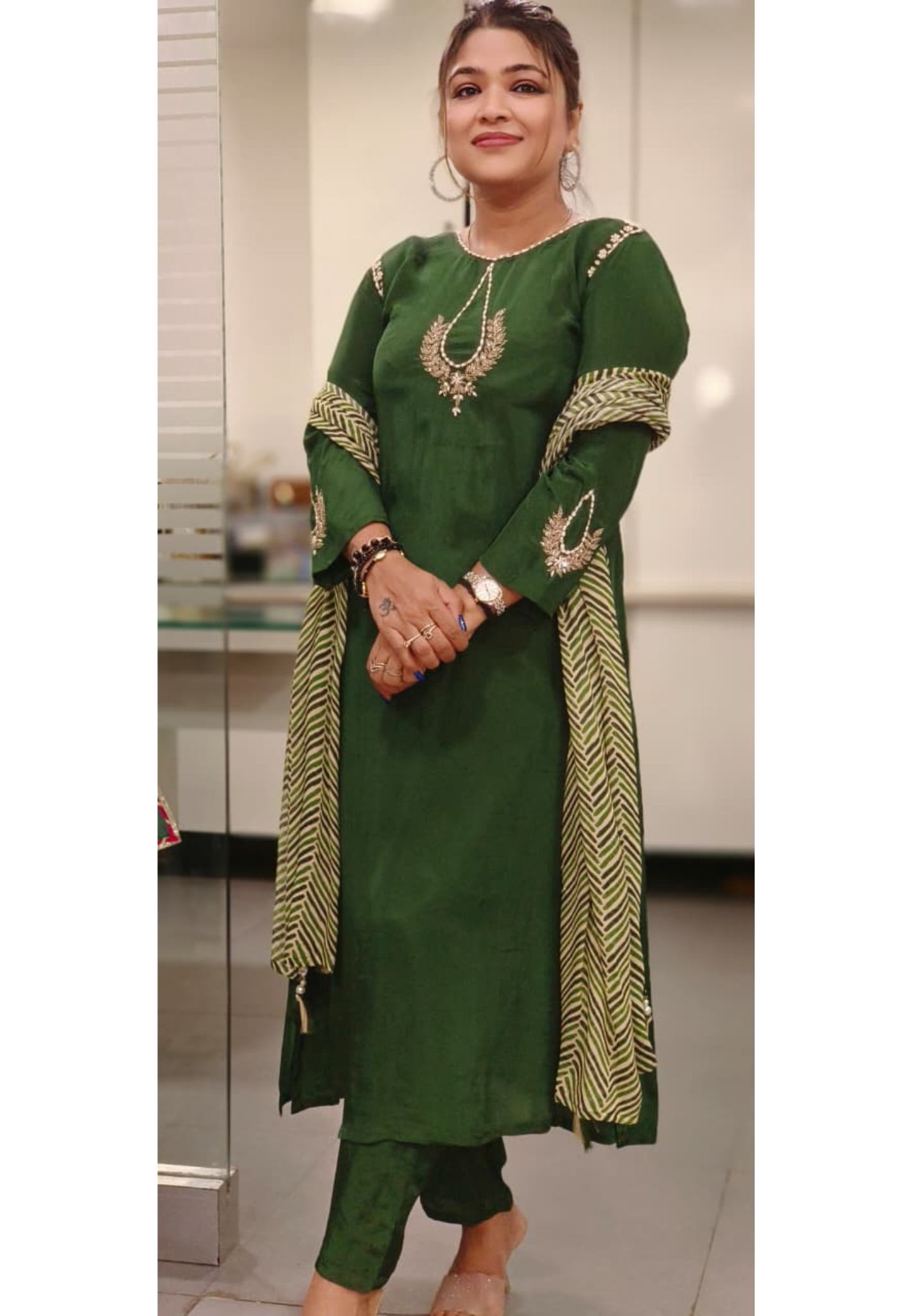 Beautiful Patterned Zardosi Work A-Line Full Suit Set With Leheriya Dupatta In Crepe Fabric- 11811