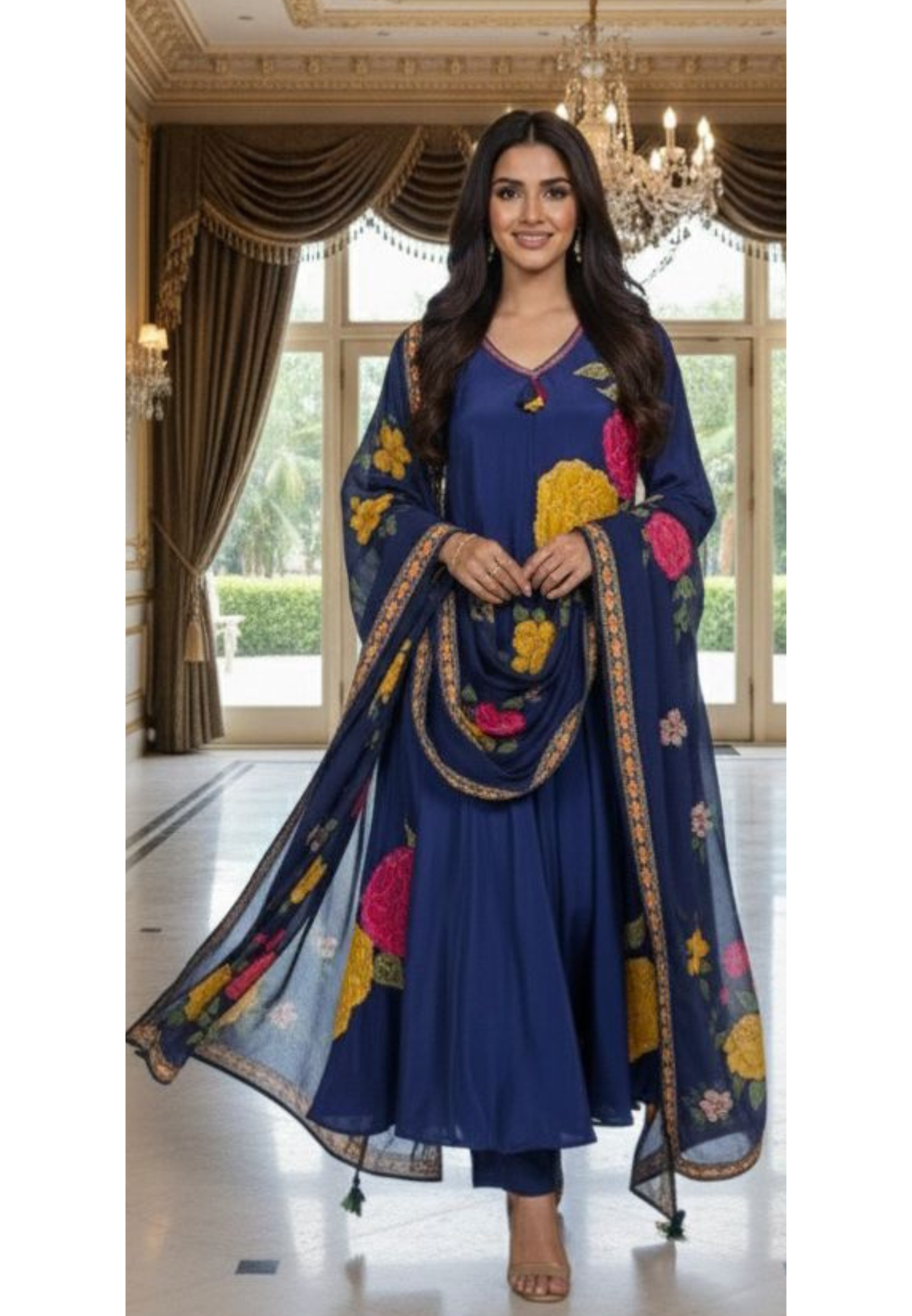 Floral Embroidered Work V-Neck Tassel A-Line Full Suit Set With Dupatta In Crepe Fabric- 11965, 11966