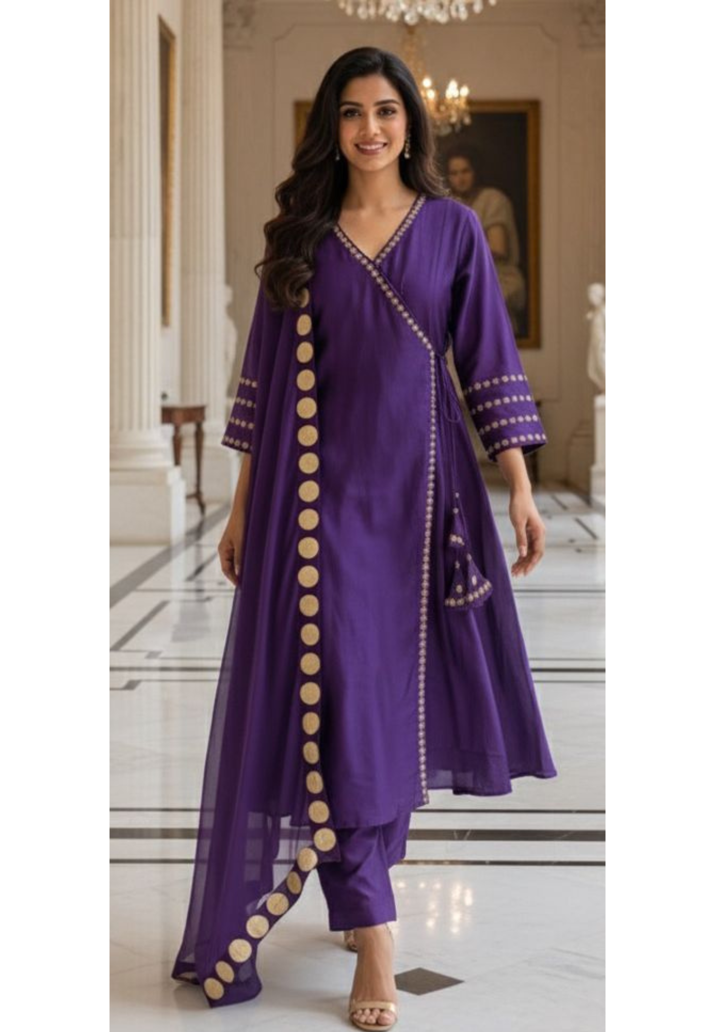 Pure Chanderi Angrakha Golden Touch Bordered Tasselled Anarkali Full Suit Set With Dupatta