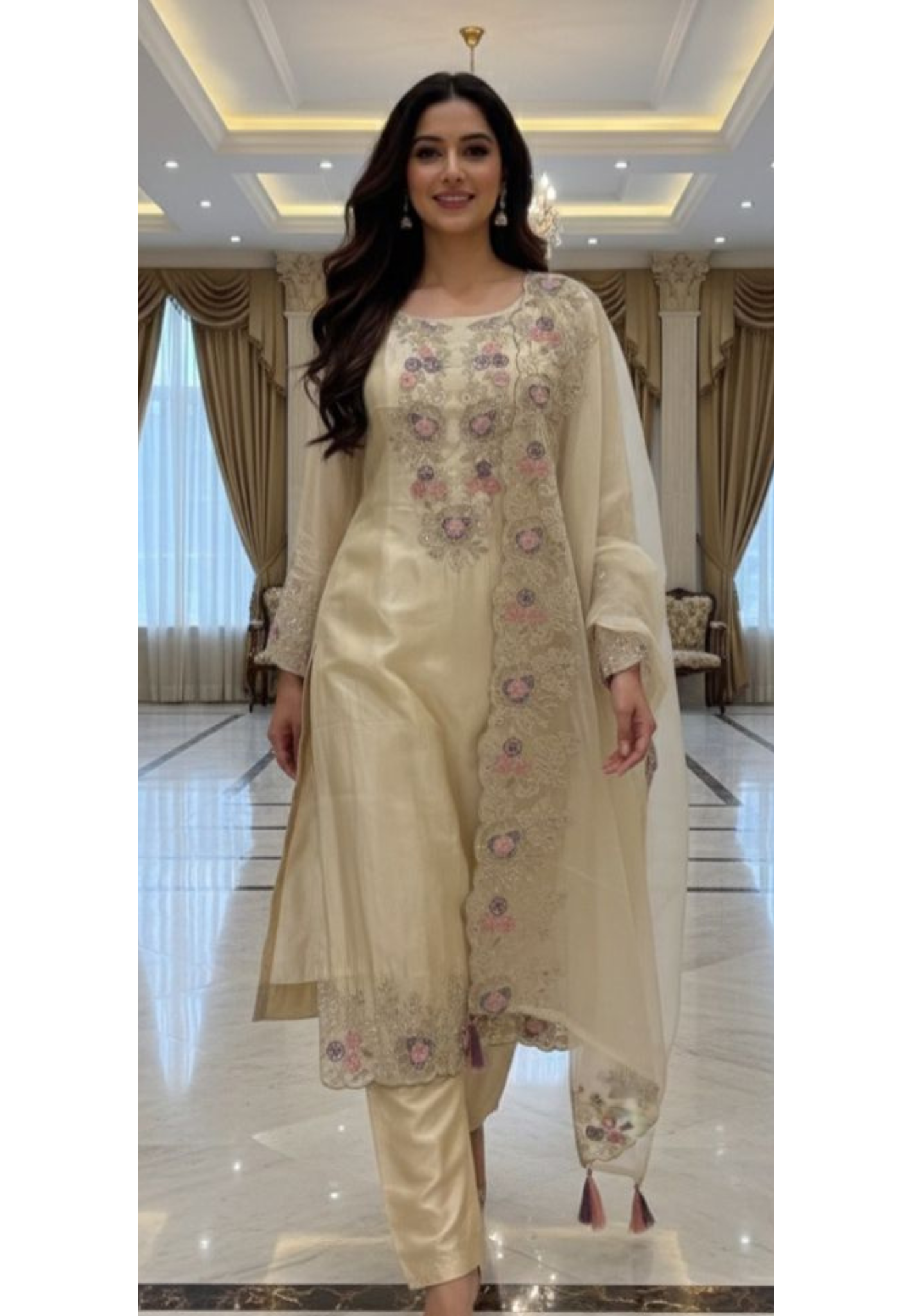 Ivory Meadow Elegant Floral Cut Work Full Suit Set With Dupatta In Tissue Fabric- 11973