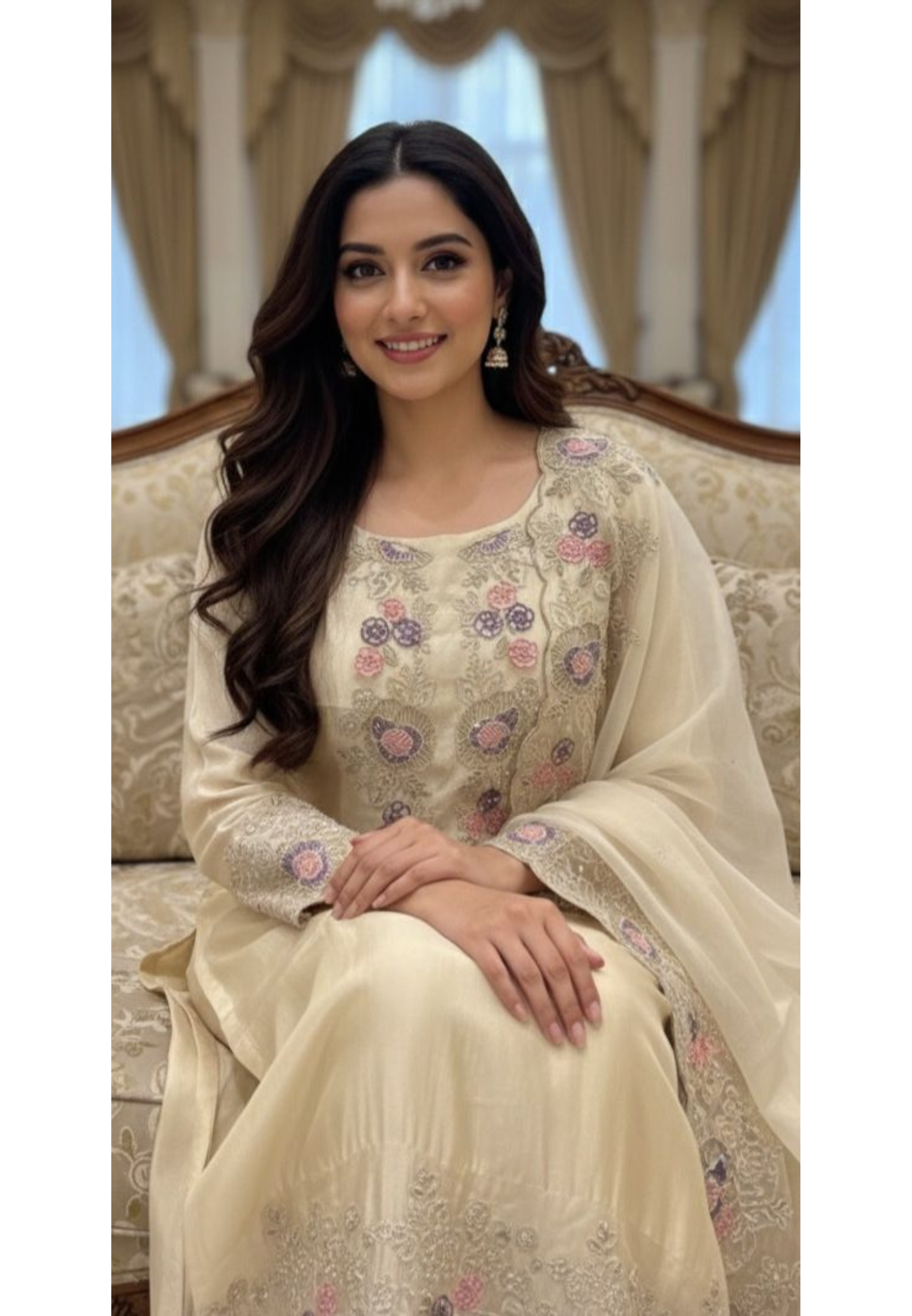 Ivory Meadow Elegant Floral Cut Work Full Suit Set With Dupatta In Tissue Fabric- 11973