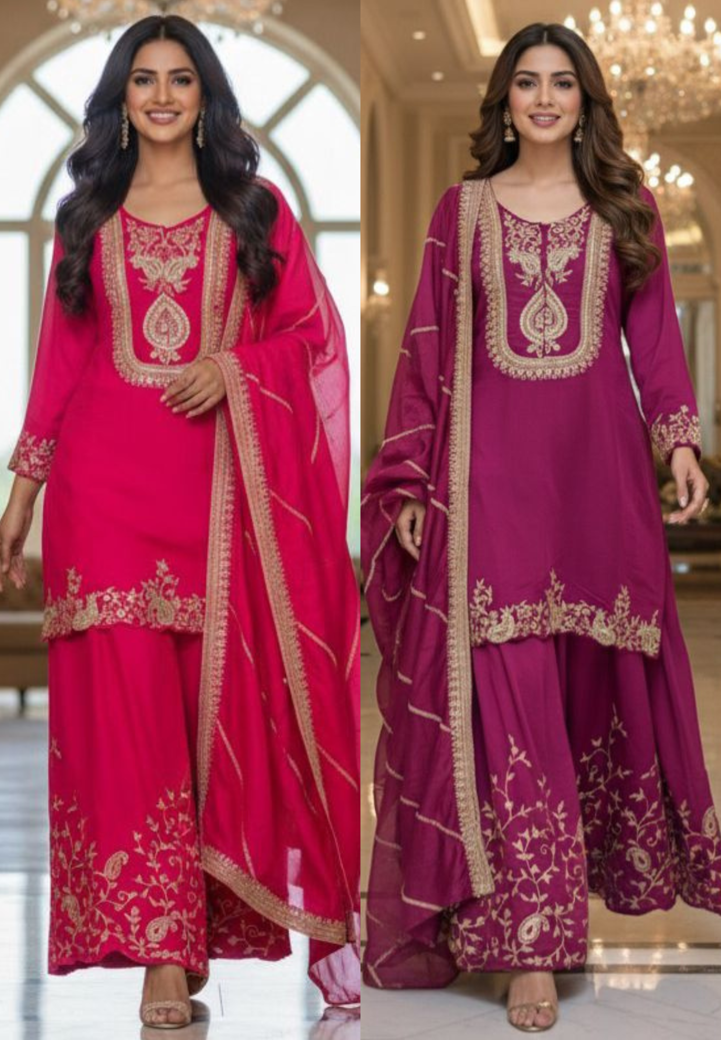Silk Mulchanderi Beautiful Handwork Look Placement Yoke Full Suit Set With Dupatta & Worked Palazzo Bottom In Dola Silk Fabric- 11948, 11949, 11950