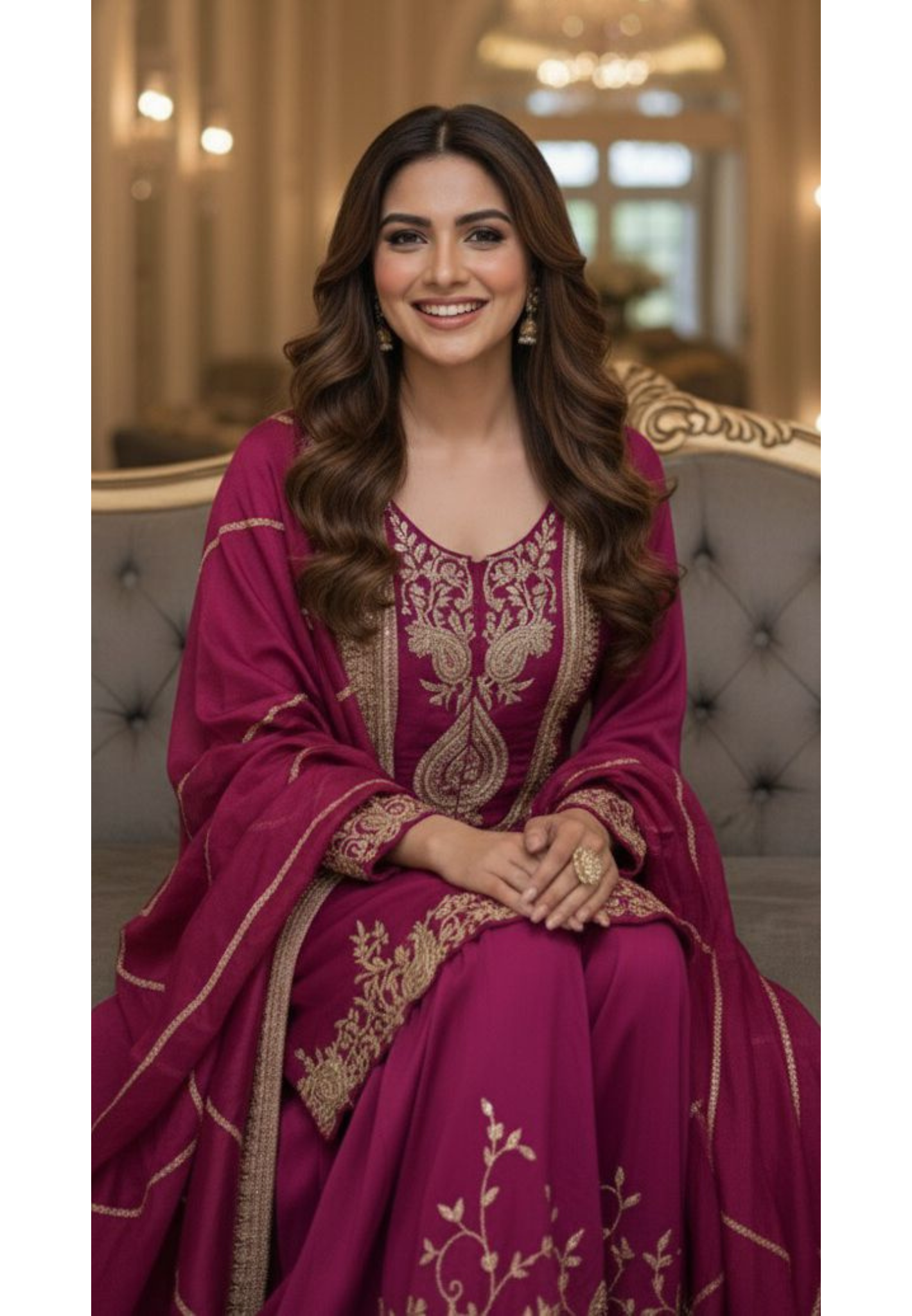 Silk Mulchanderi Beautiful Handwork Look Placement Yoke Full Suit Set With Dupatta & Worked Palazzo Bottom In Dola Silk Fabric- 11948, 11949, 11950