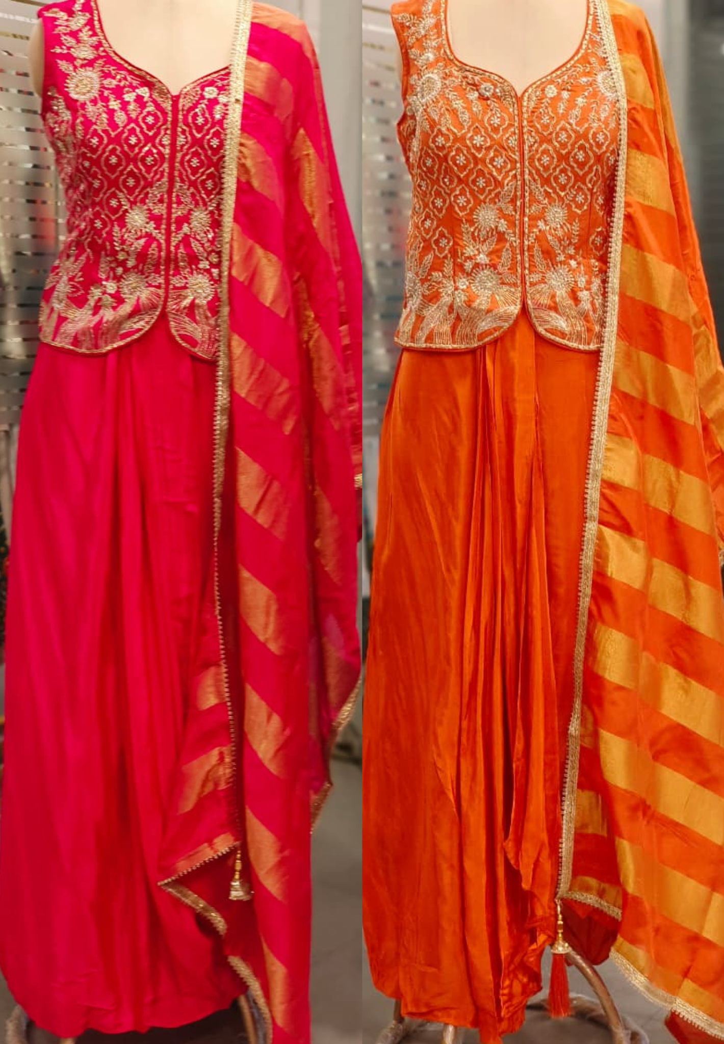 Zardosi Ensemble Sleeveless Top With Drape Skirt & Golden Striped Dupatta (Attached sleeves Inside)