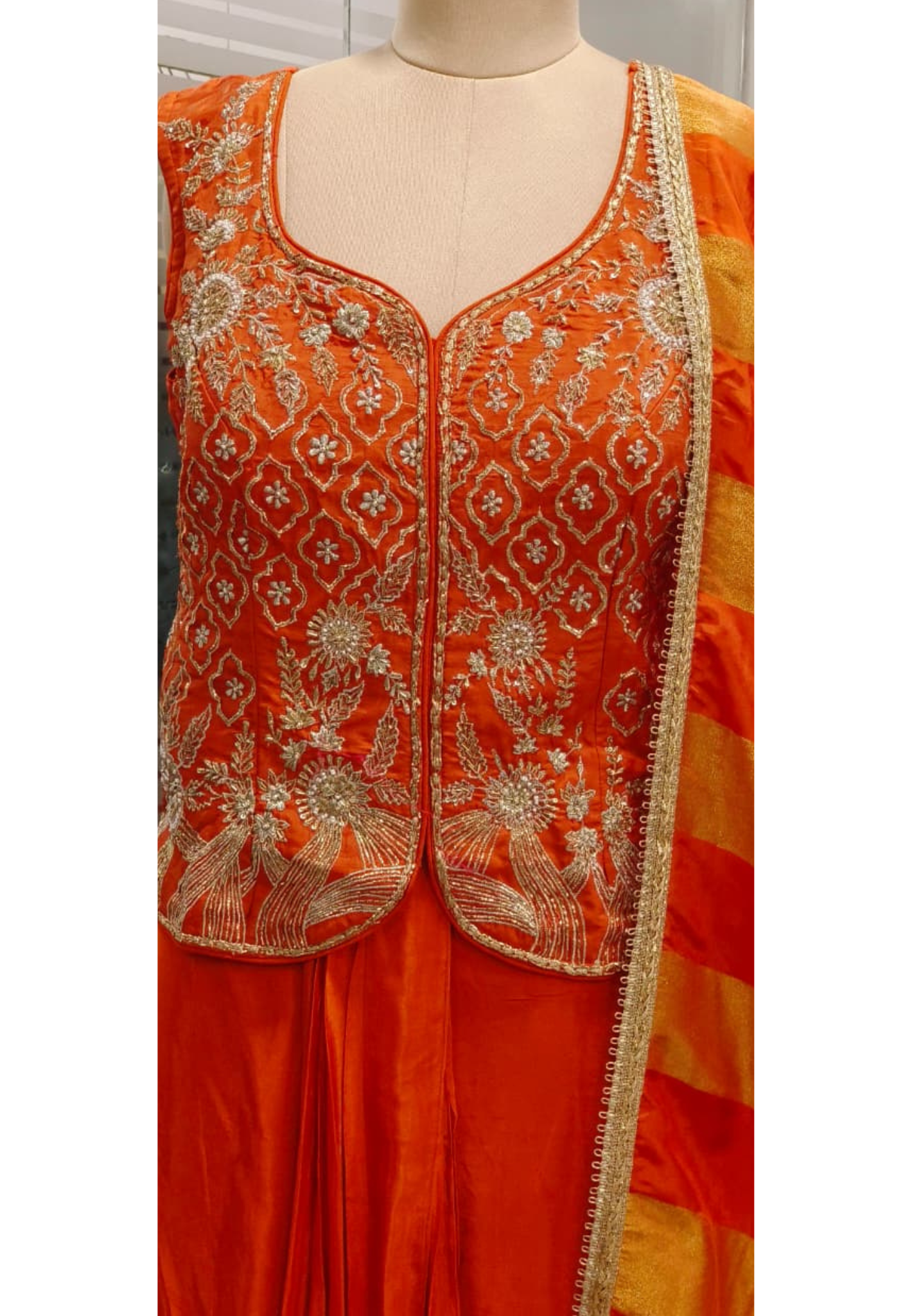 Zardosi Ensemble Sleeveless Top With Drape Skirt & Golden Striped Dupatta (Attached sleeves Inside)