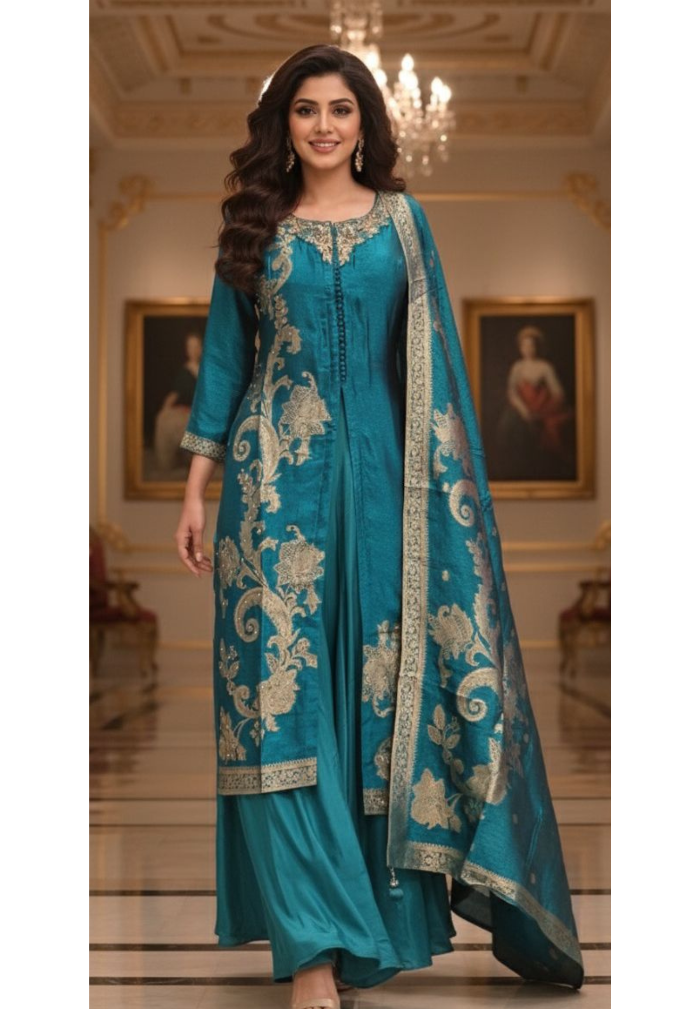 Beautiful Banarasi Silk Style Front Slit Kurta With Loose Palazzo Skirt Look Bottom and Dupatta