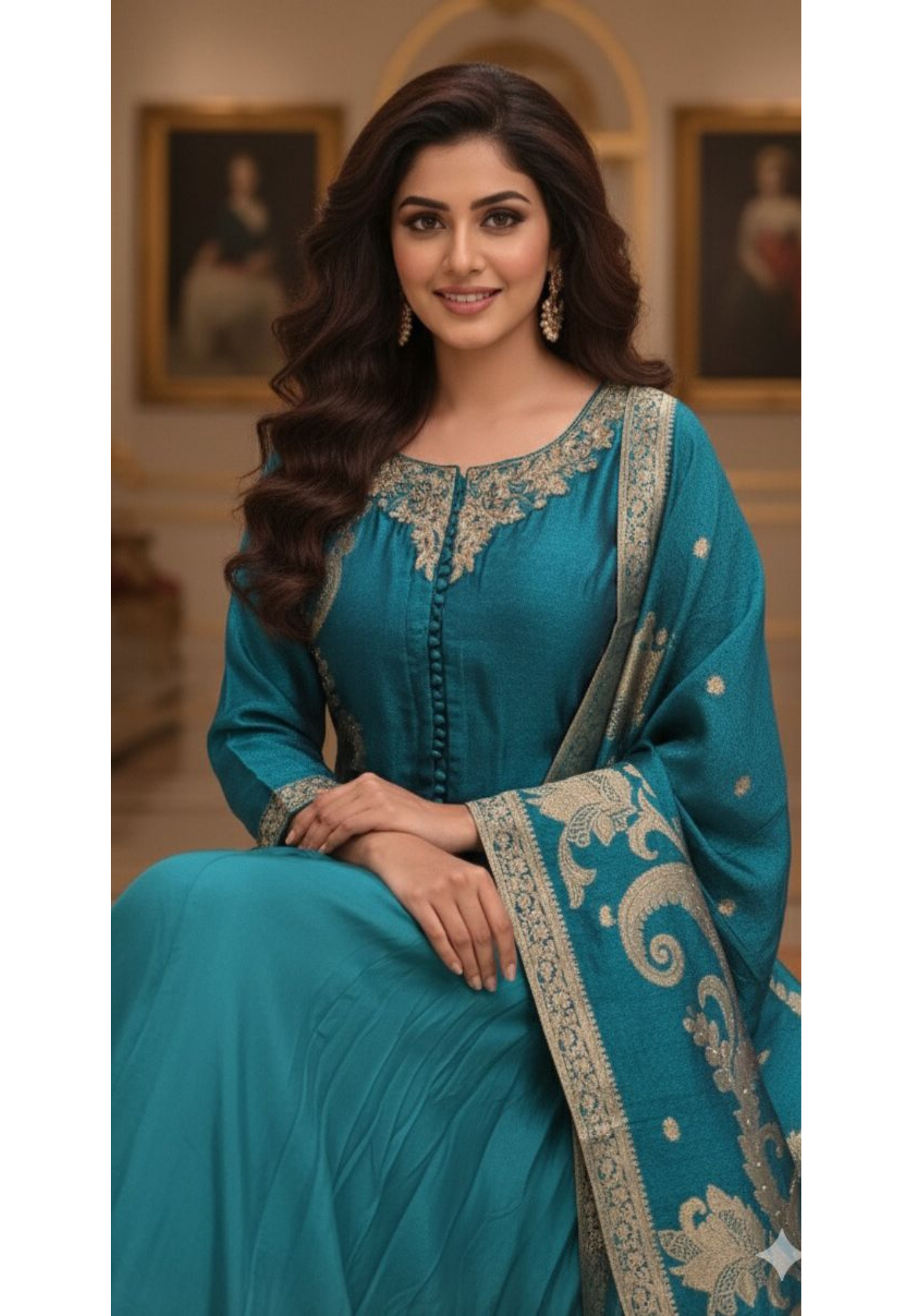 Beautiful Banarasi Silk Style Front Slit Kurta With Loose Palazzo Skirt Look Bottom and Dupatta