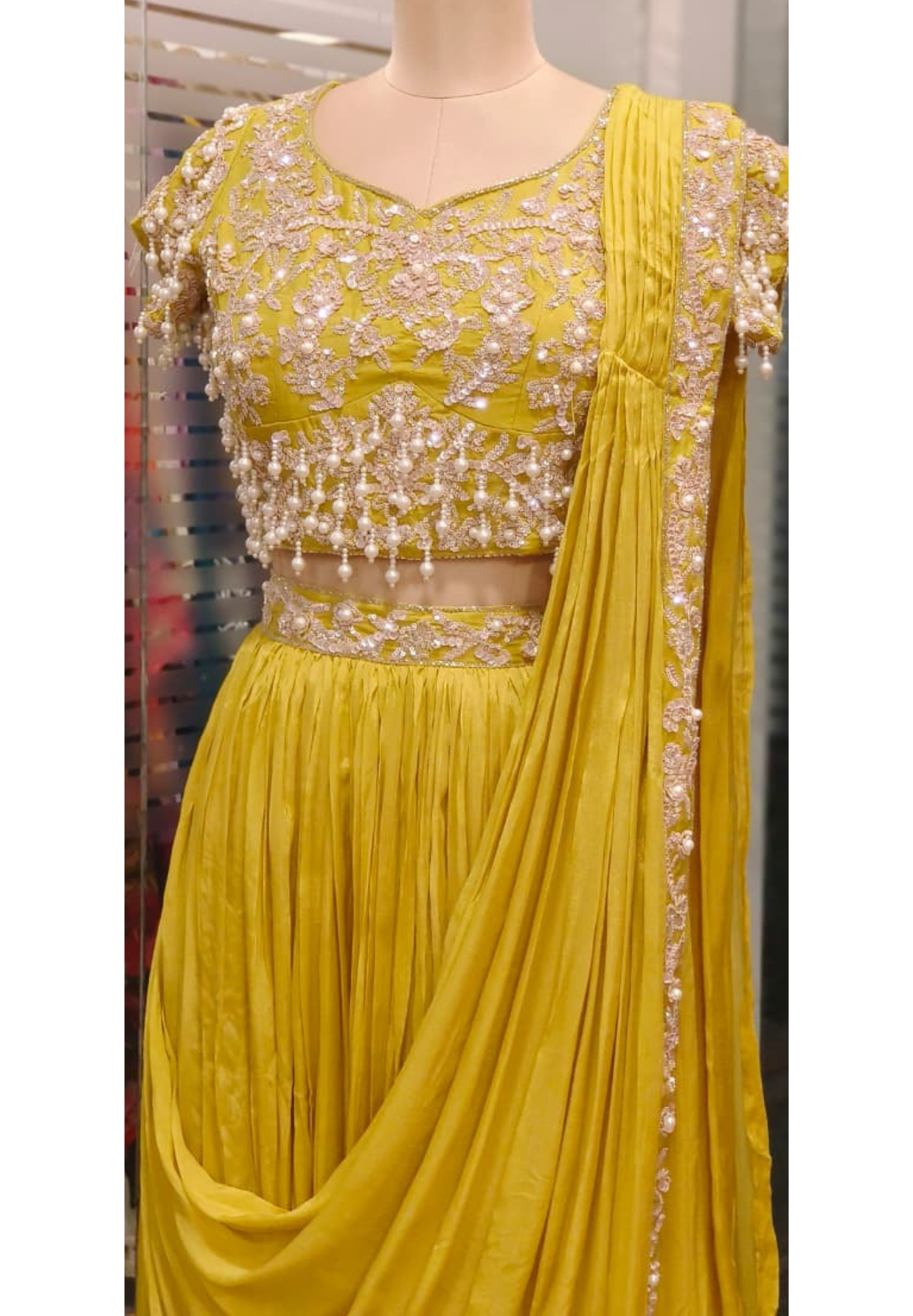 Sequin Embroidered With Heavy Pearl Tassel Blouse & Drape Skirt Saree Style Outfit