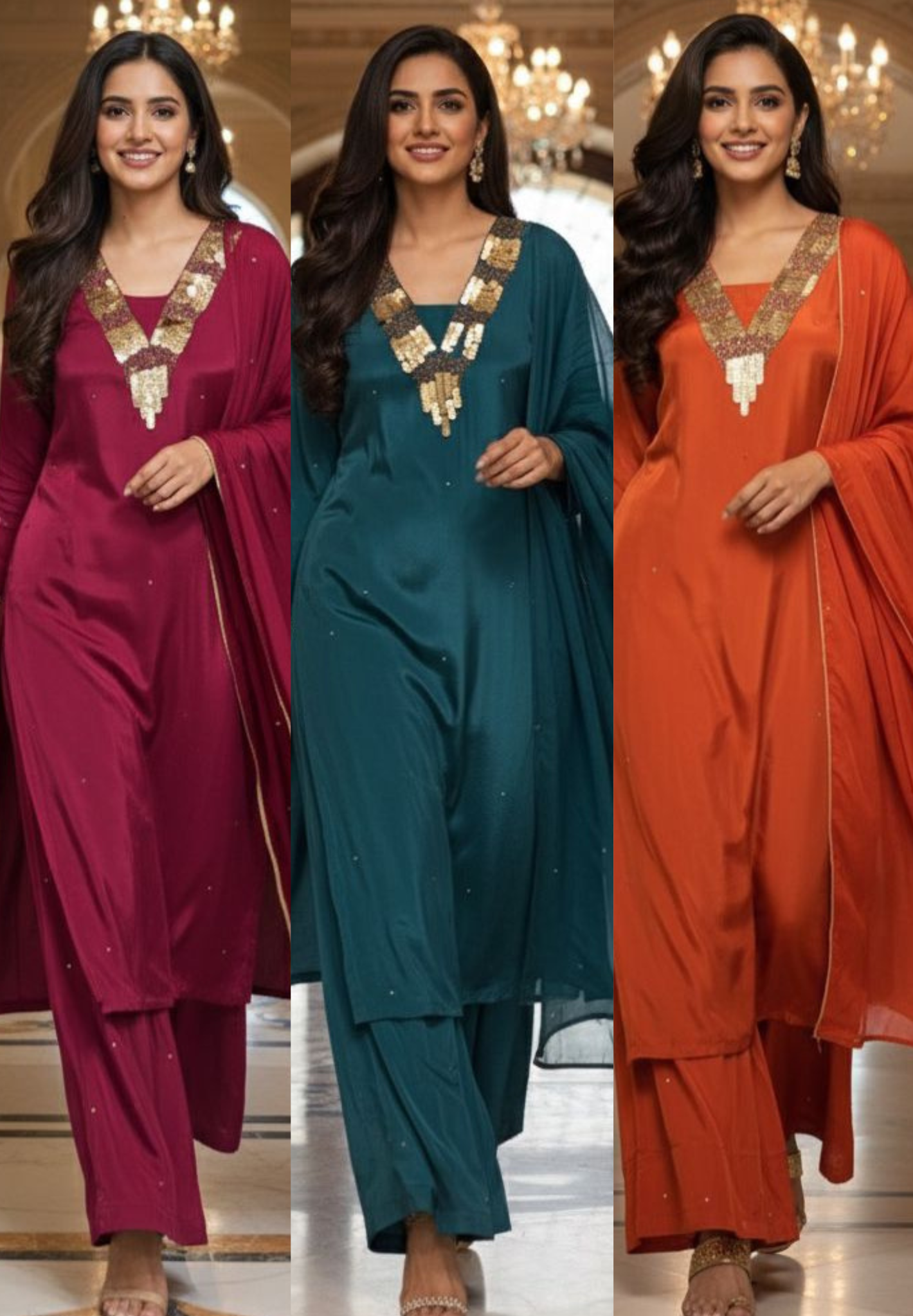 Sequin Neck Line Crepe A-Line Full Suit Set With Dupatta- 11954, 11953, 11951